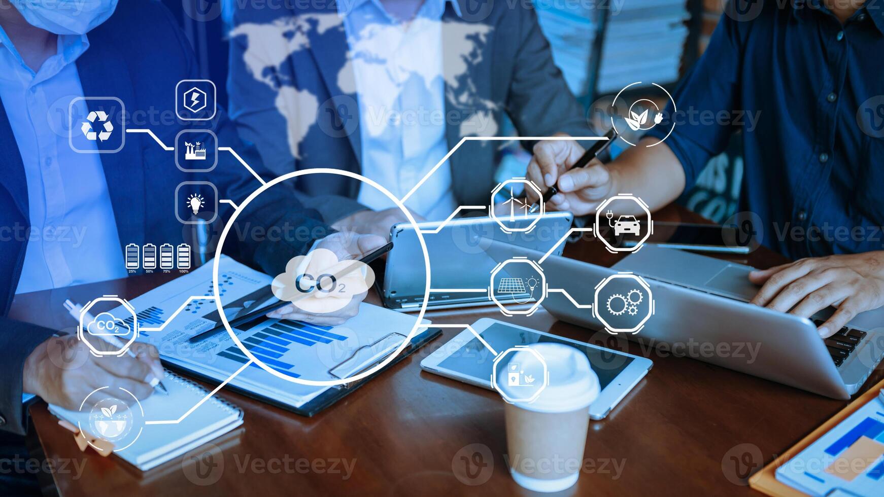 Business team working virtual modern smartphone to reduce CO2 emissions carbon footprint climate change to limit global warming.Sustainable development and green business concept. at office photo