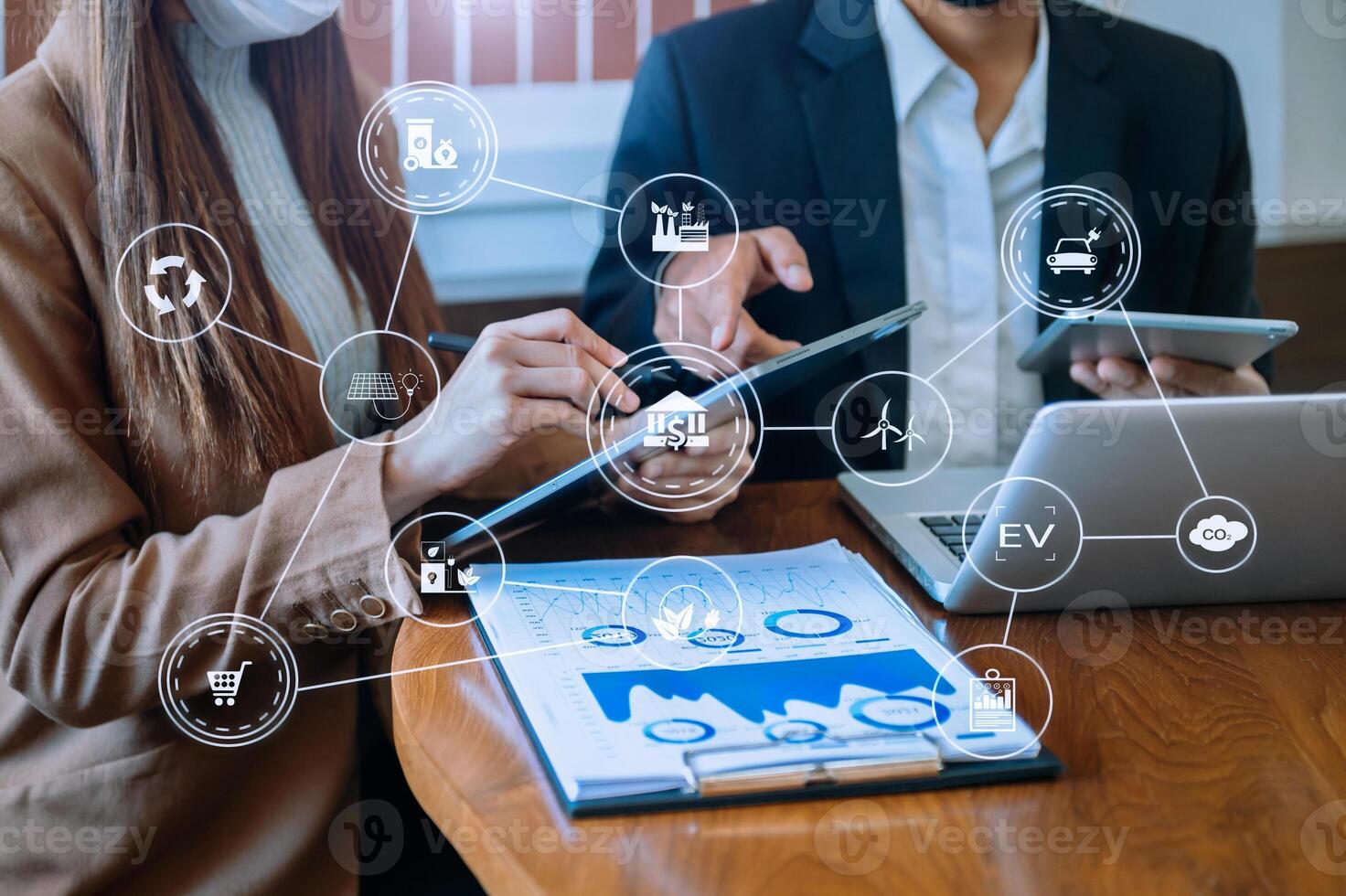 Business team working virtual modern smartphone to reduce CO2 emissions carbon footprint climate change to limit global warming.Sustainable development and green business concept. photo