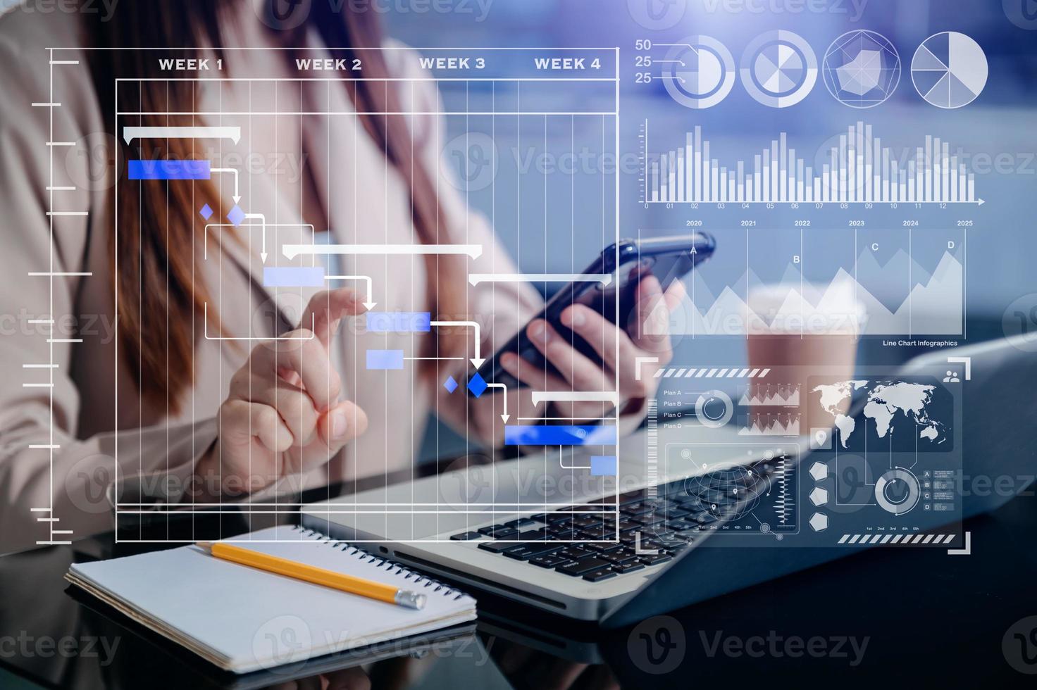 Businessman hand Project manager working and update tasks and Gantt chart scheduling virtual diagram.with smart phone, tablet and laptop in office. photo