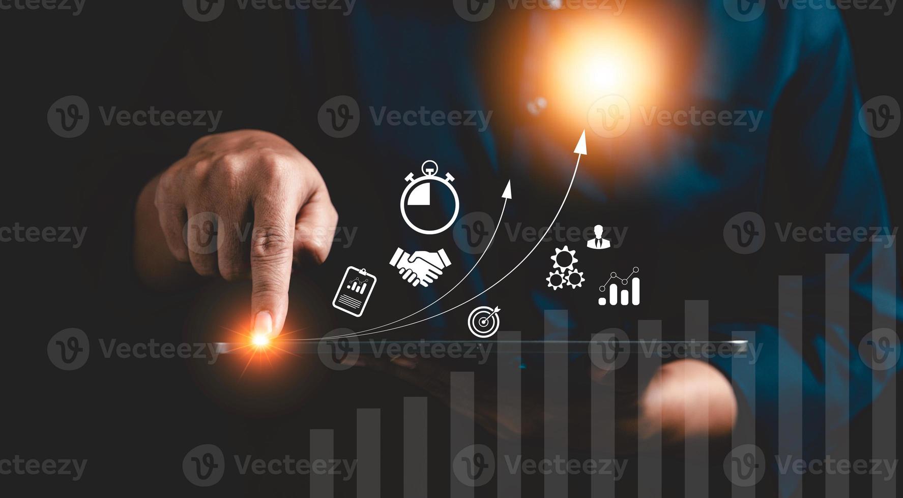 Startup concept with icon business and network connection on modern virtual interface from digital tablet. People hand touching on tablet. Developing and improving organization with modern technology. photo