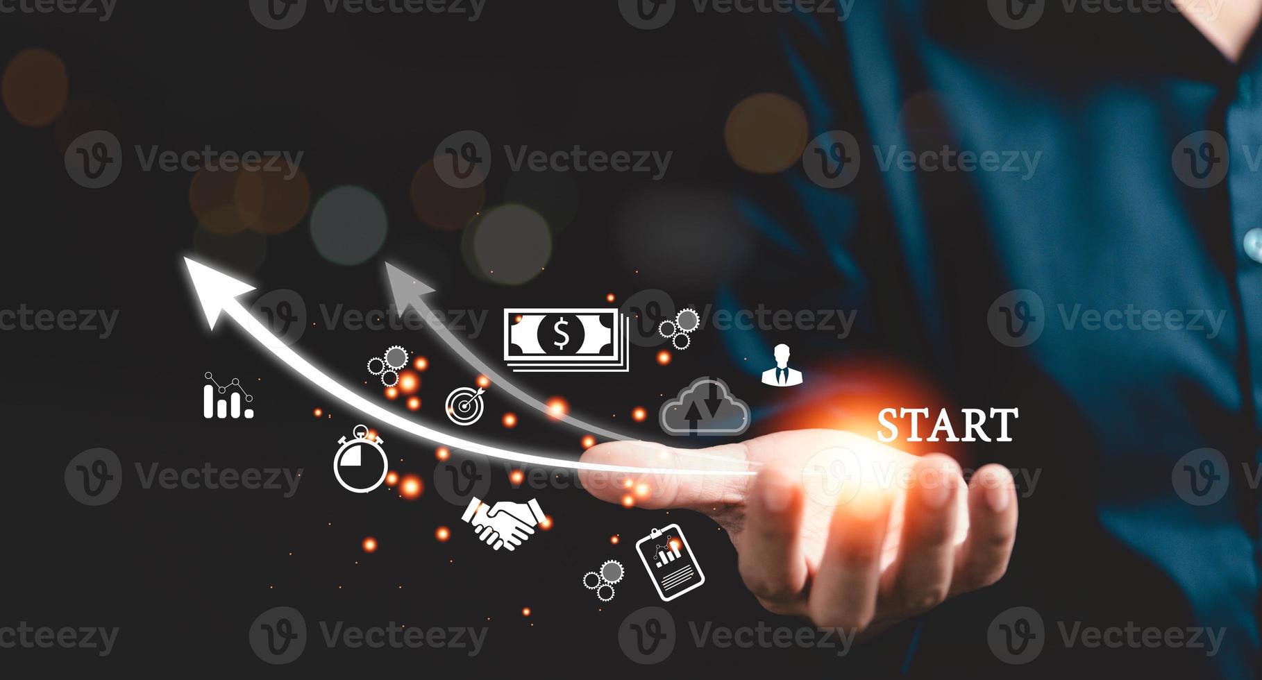 Startup concept with icon business and network connection on modern virtual interface from digital tablet. People hand touching on tablet. Developing and improving organization with modern technology. photo