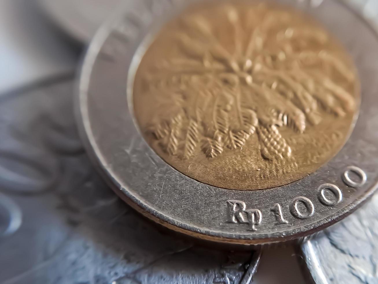 moneda de mil rupias de indonesia con el símbolo del aceite de palma aislado en fondo blanco, diterbitkan oleh bank indonesia pada tahun 1993 foto