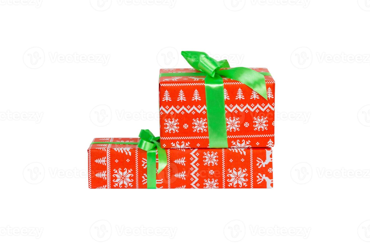 Set of Christmas or other holiday handmade present in red paper with green ribbon. Isolated on white background, top view. thanksgiving Gift box concept photo