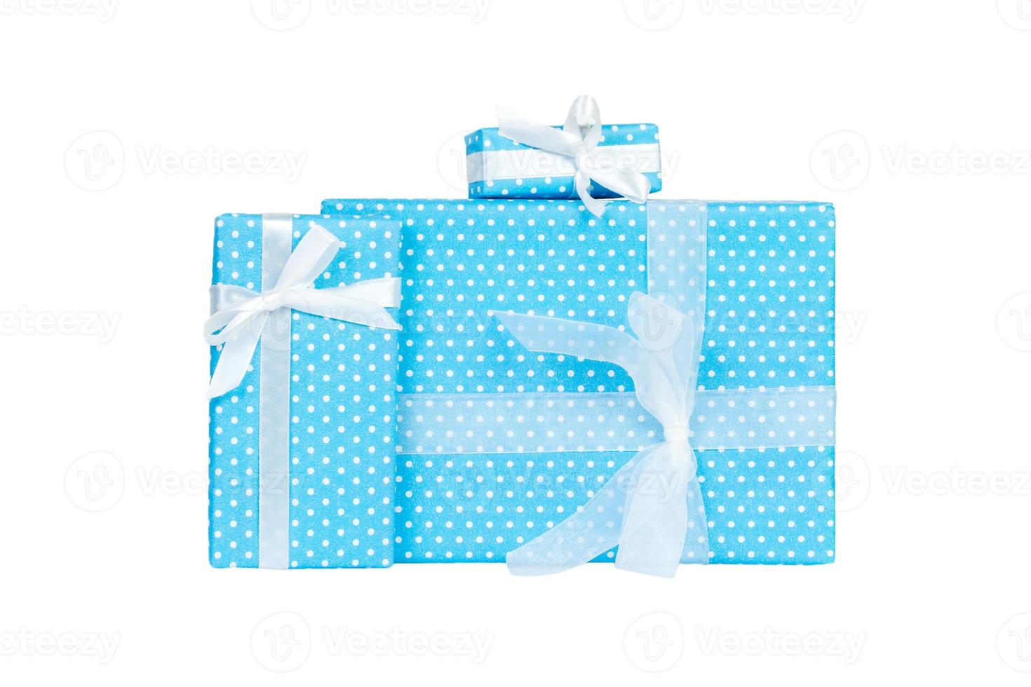 Set of Christmas or other holiday handmade present in blue paper with white ribbon. Isolated on white background, top view. thanksgiving Gift box concept photo