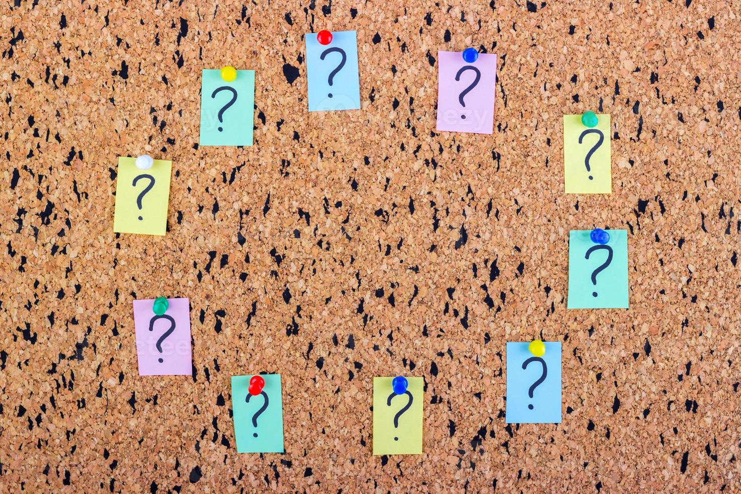 uncertainty or doubt concept, question mark on a sticky note on cork bulletin board photo