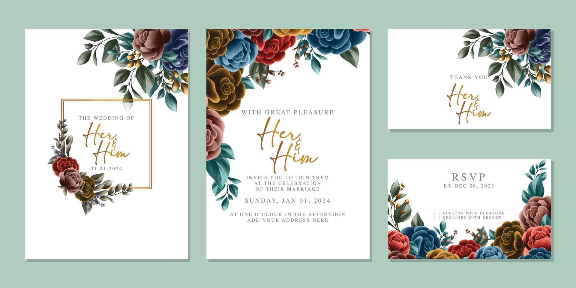 plantilla de fondo de tarjeta de invitación de boda de flores hermosas de lujo vector