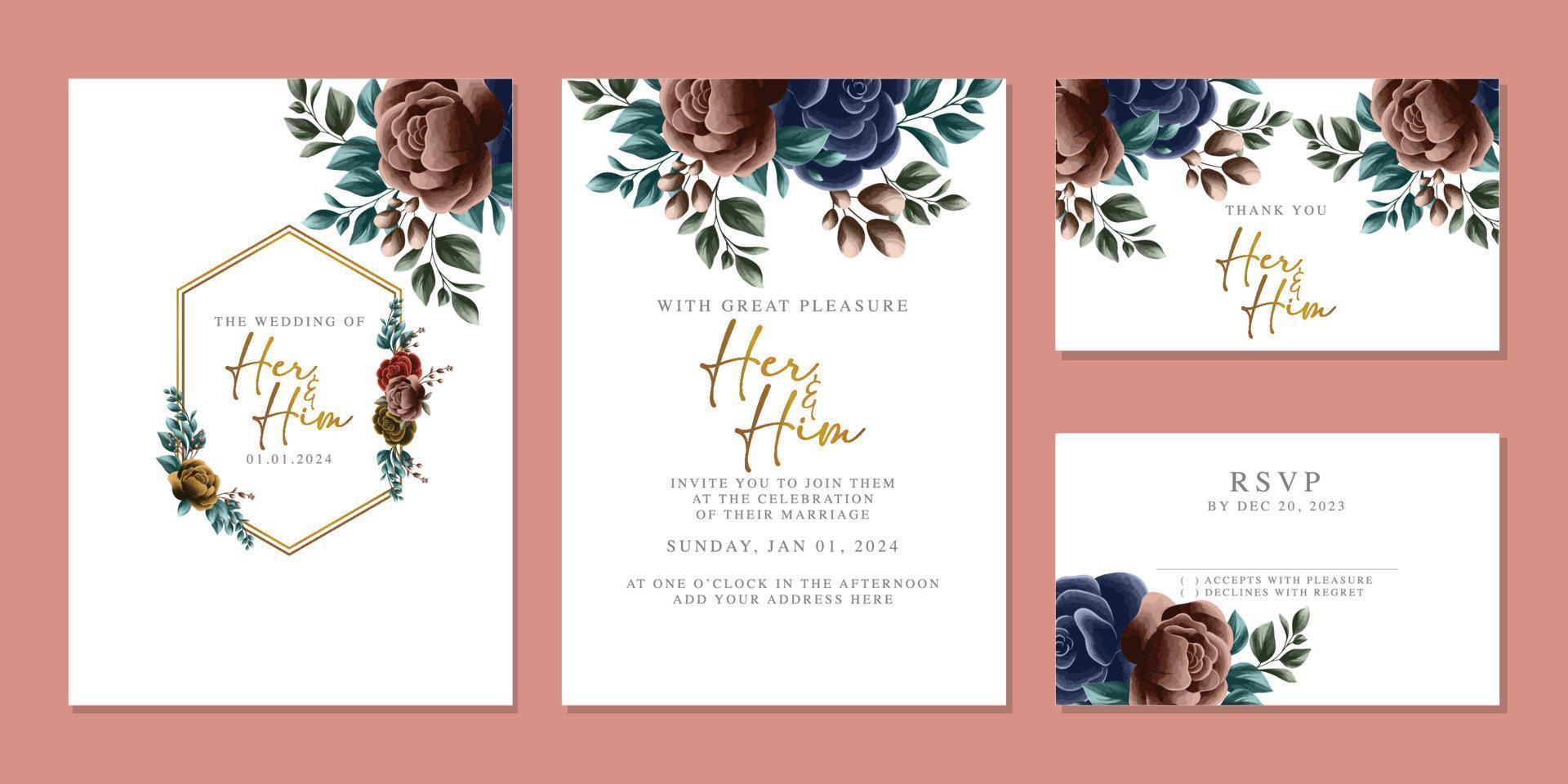 plantilla de fondo de tarjeta de invitación de boda de flores hermosas de lujo vector