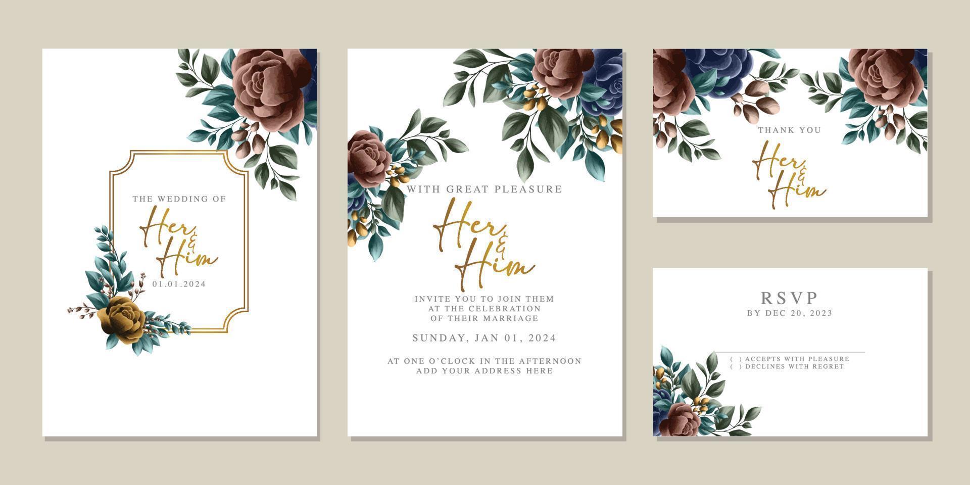 plantilla de fondo de tarjeta de invitación de boda de flores hermosas de lujo vector