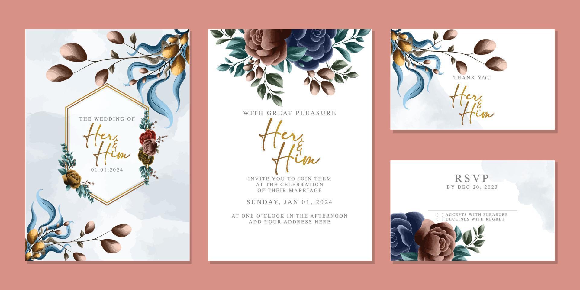 plantilla de fondo de tarjeta de invitación de boda de flores hermosas de lujo vector