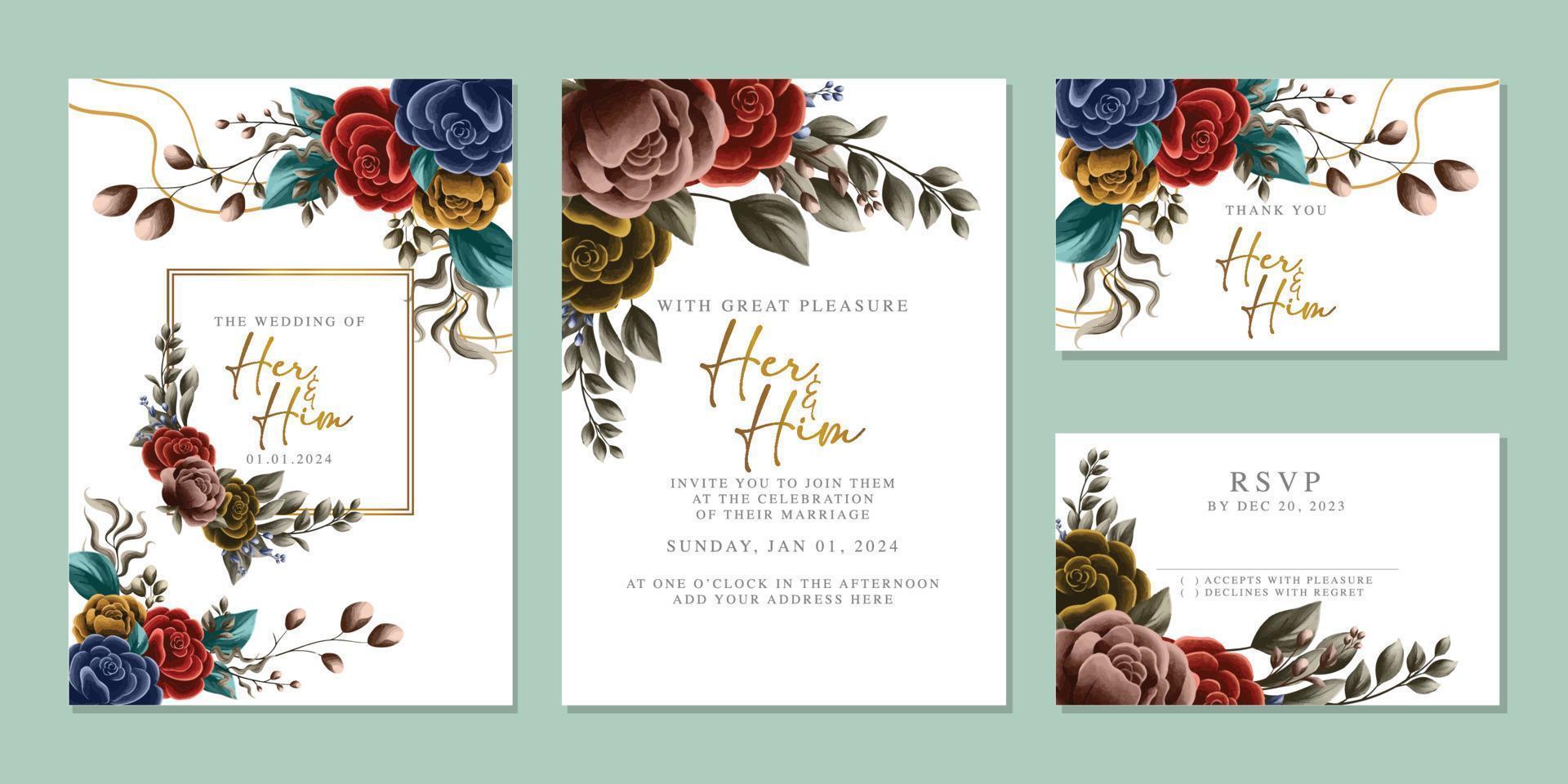 plantilla de fondo de tarjeta de invitación de boda de flores hermosas de lujo vector