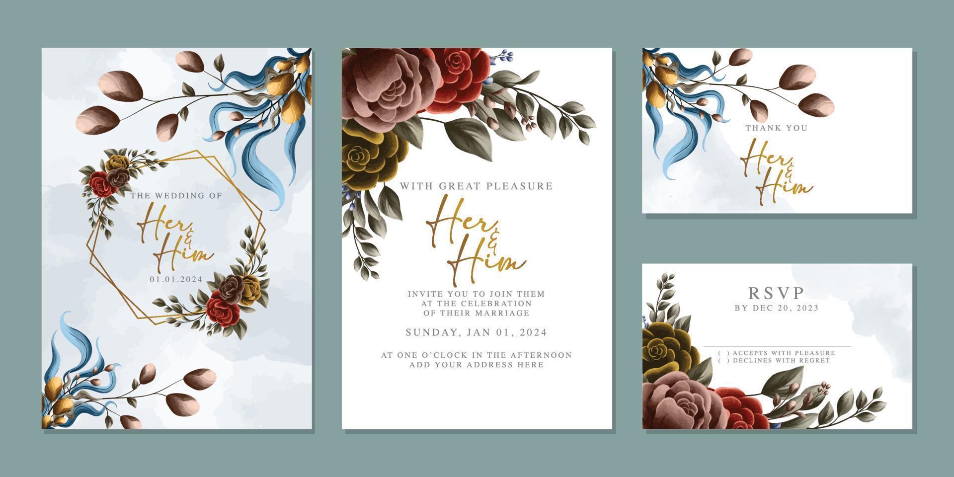 Luxury beautiful flowers wedding invitation card background template vector