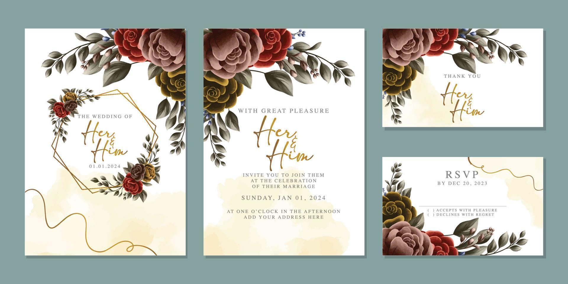 Luxury beautiful flowers wedding invitation card background template vector