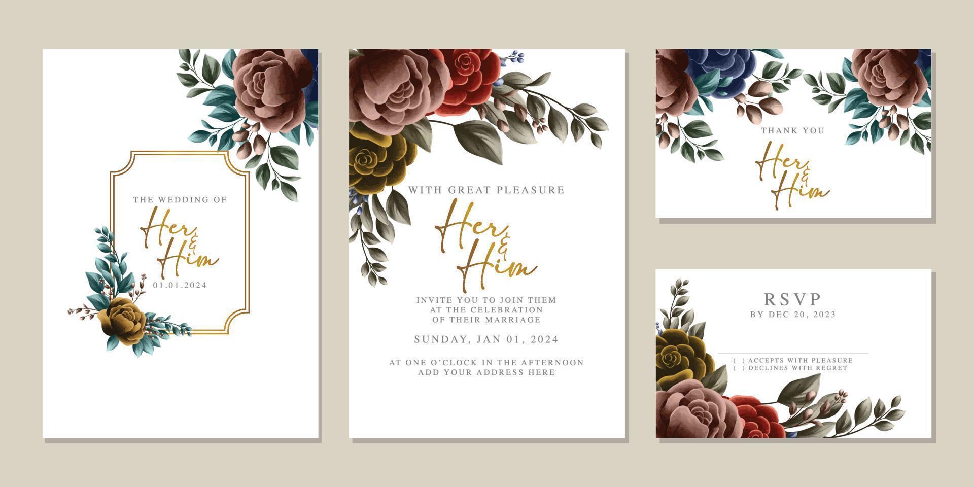 Luxury beautiful flowers wedding invitation card background template vector