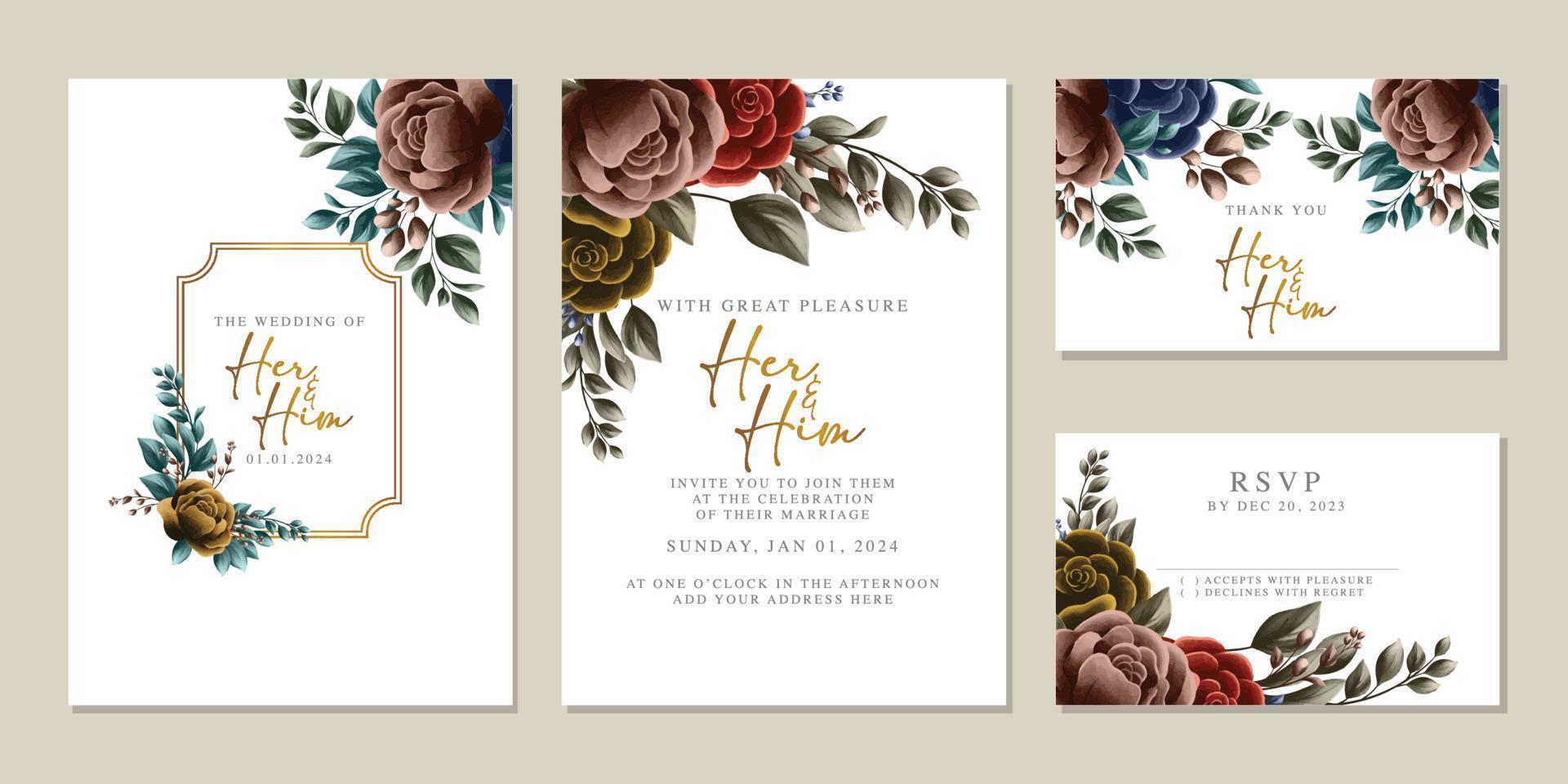 plantilla de fondo de tarjeta de invitación de boda de flores hermosas de lujo vector