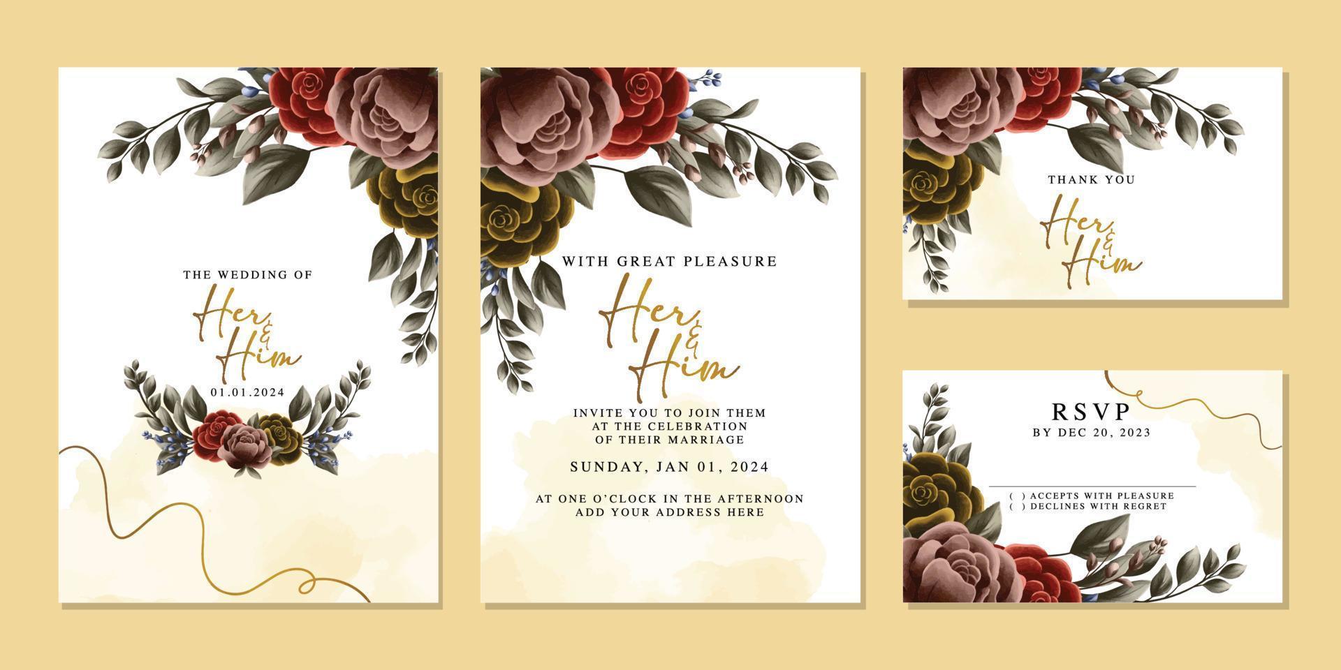 Luxury beautiful flowers wedding invitation card background template vector