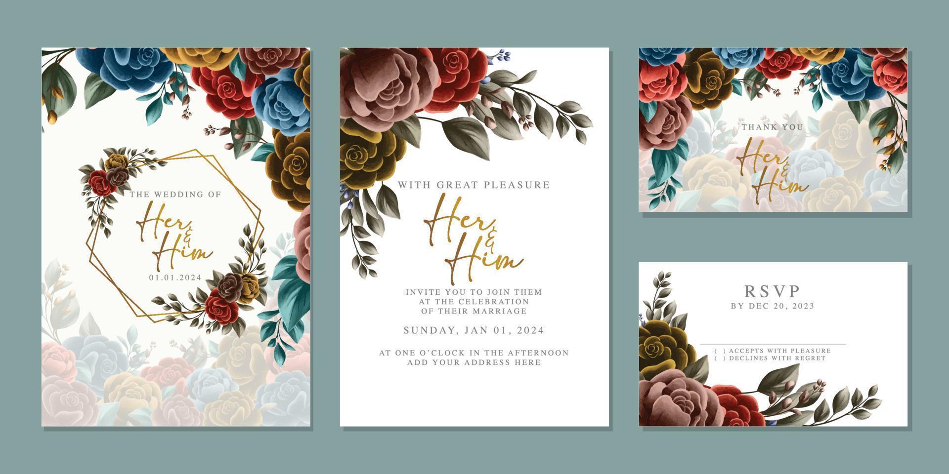 plantilla de fondo de tarjeta de invitación de boda de flores hermosas de lujo vector