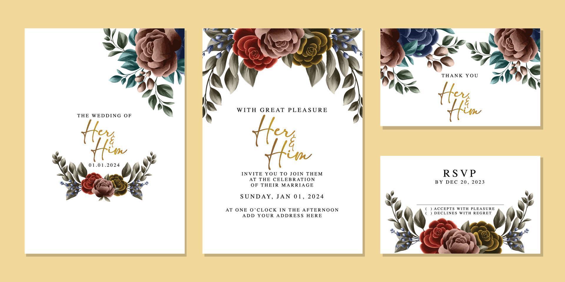 plantilla de fondo de tarjeta de invitación de boda de flores hermosas de lujo vector