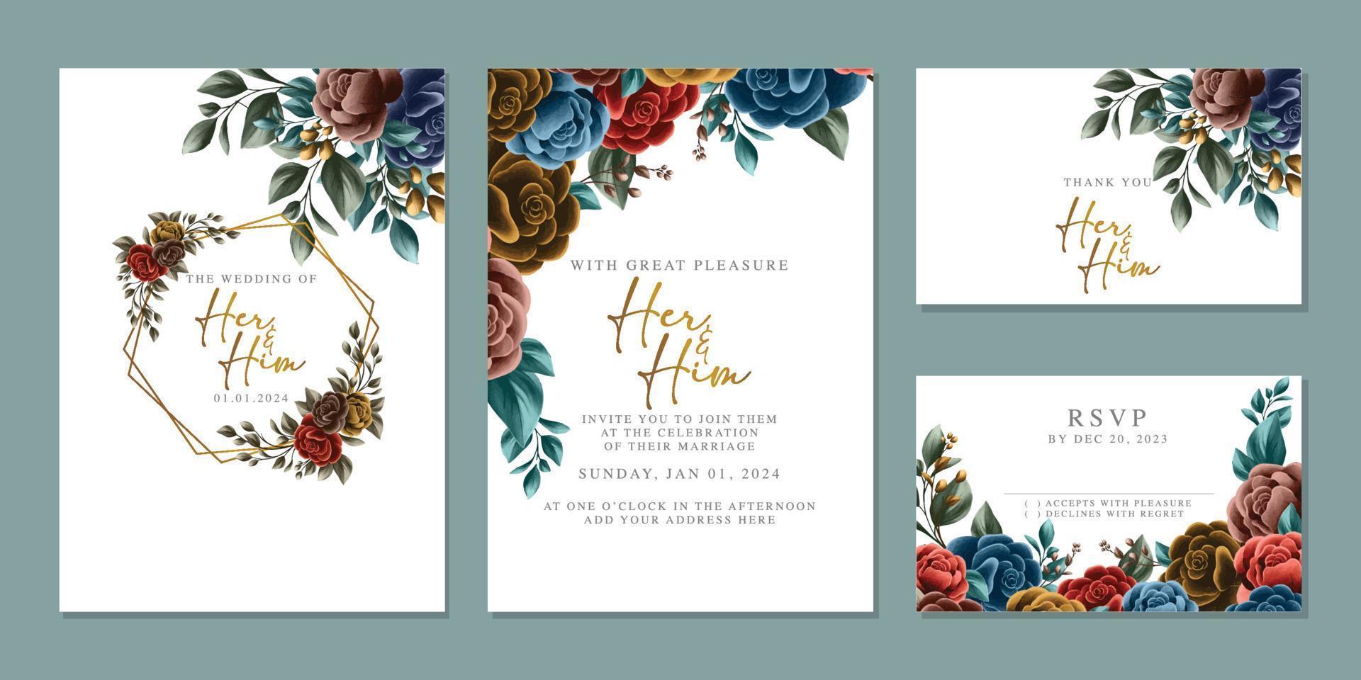 plantilla de fondo de tarjeta de invitación de boda de flores hermosas de lujo vector