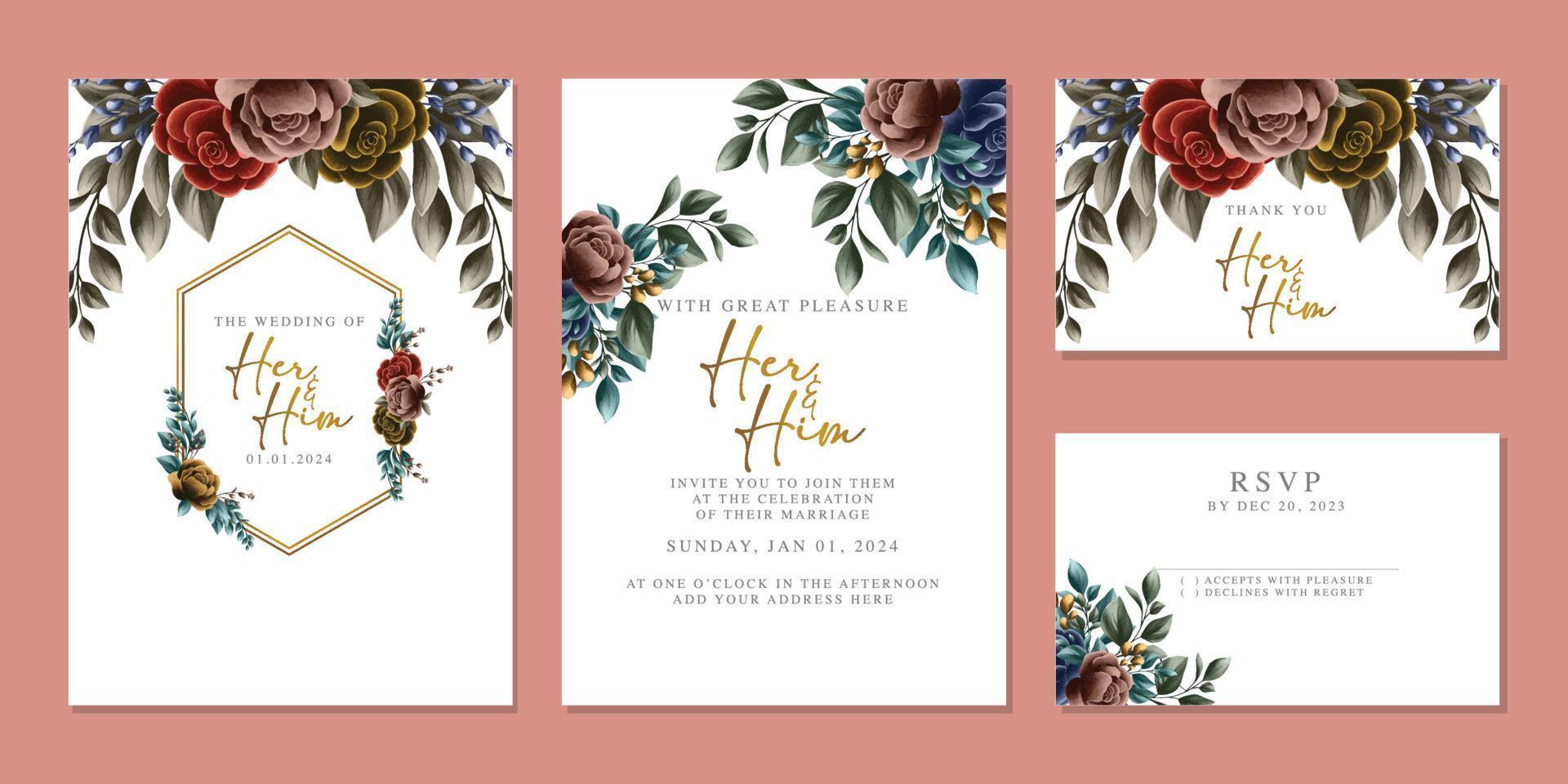 plantilla de fondo de tarjeta de invitación de boda de flores hermosas de lujo vector