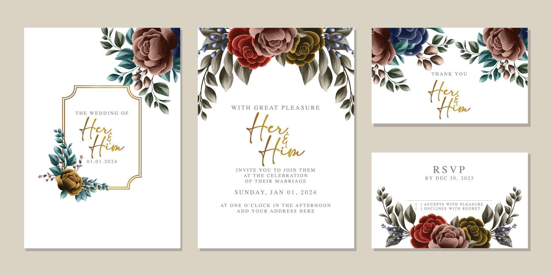 Luxury beautiful flowers wedding invitation card background template vector