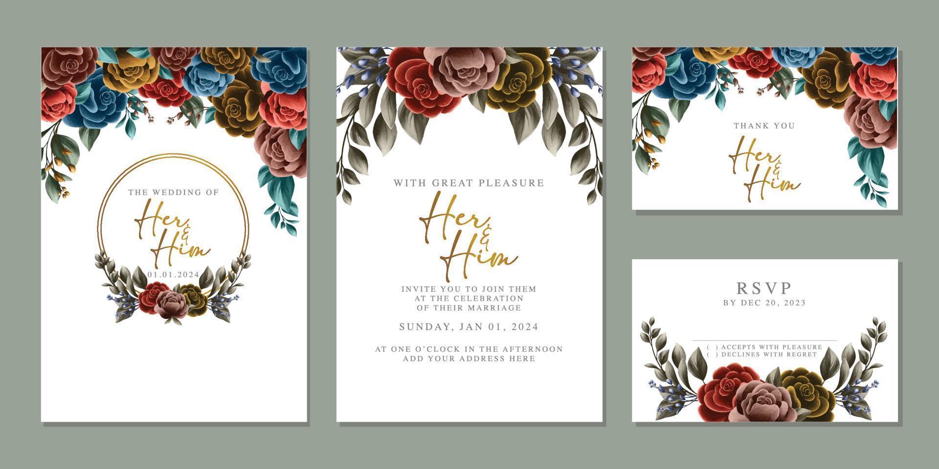 Luxury beautiful flowers wedding invitation card background template vector