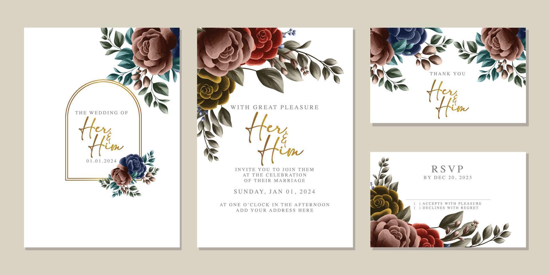 plantilla de fondo de tarjeta de invitación de boda de flores hermosas de lujo vector