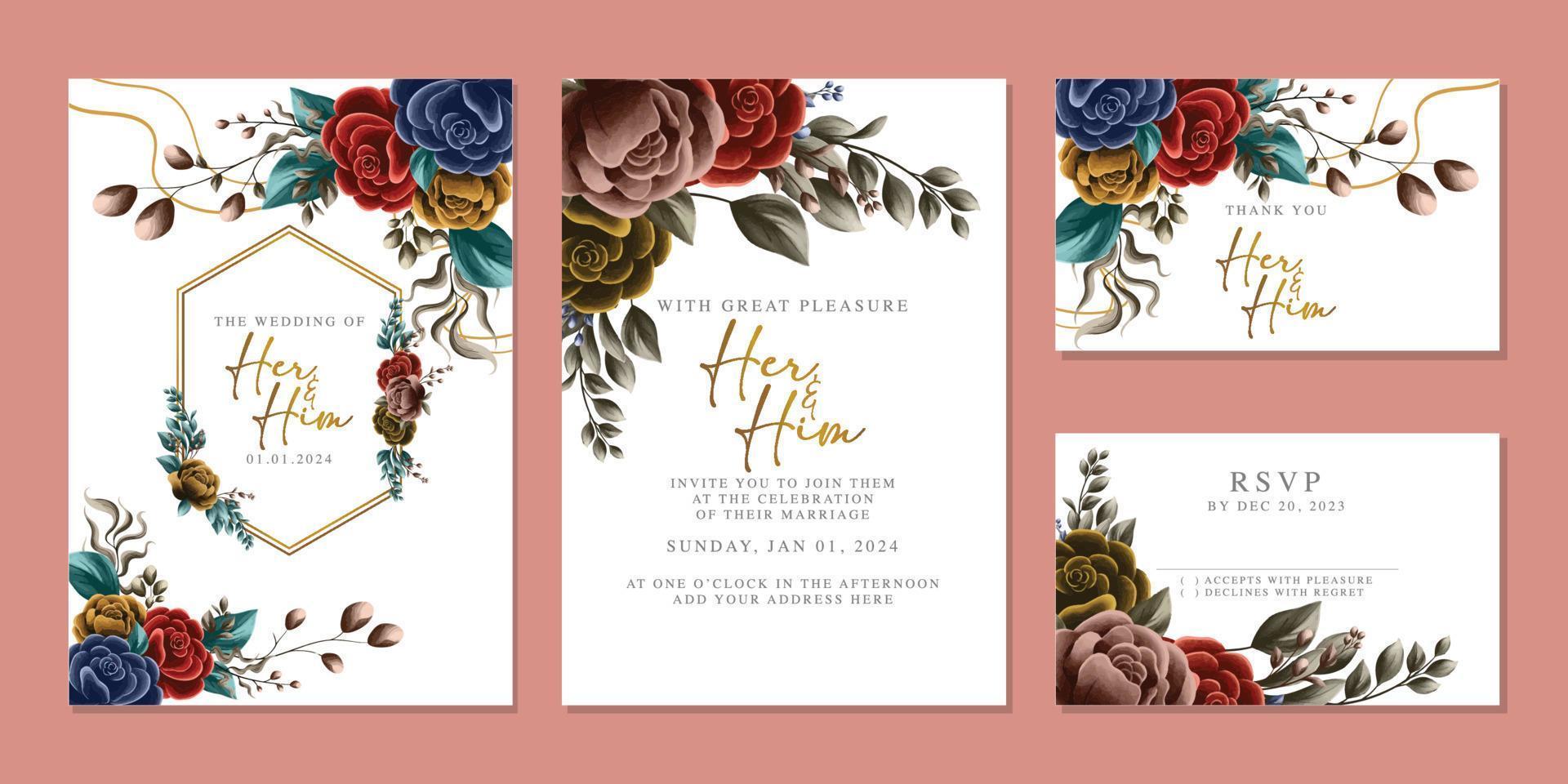 plantilla de fondo de tarjeta de invitación de boda de flores hermosas de lujo vector