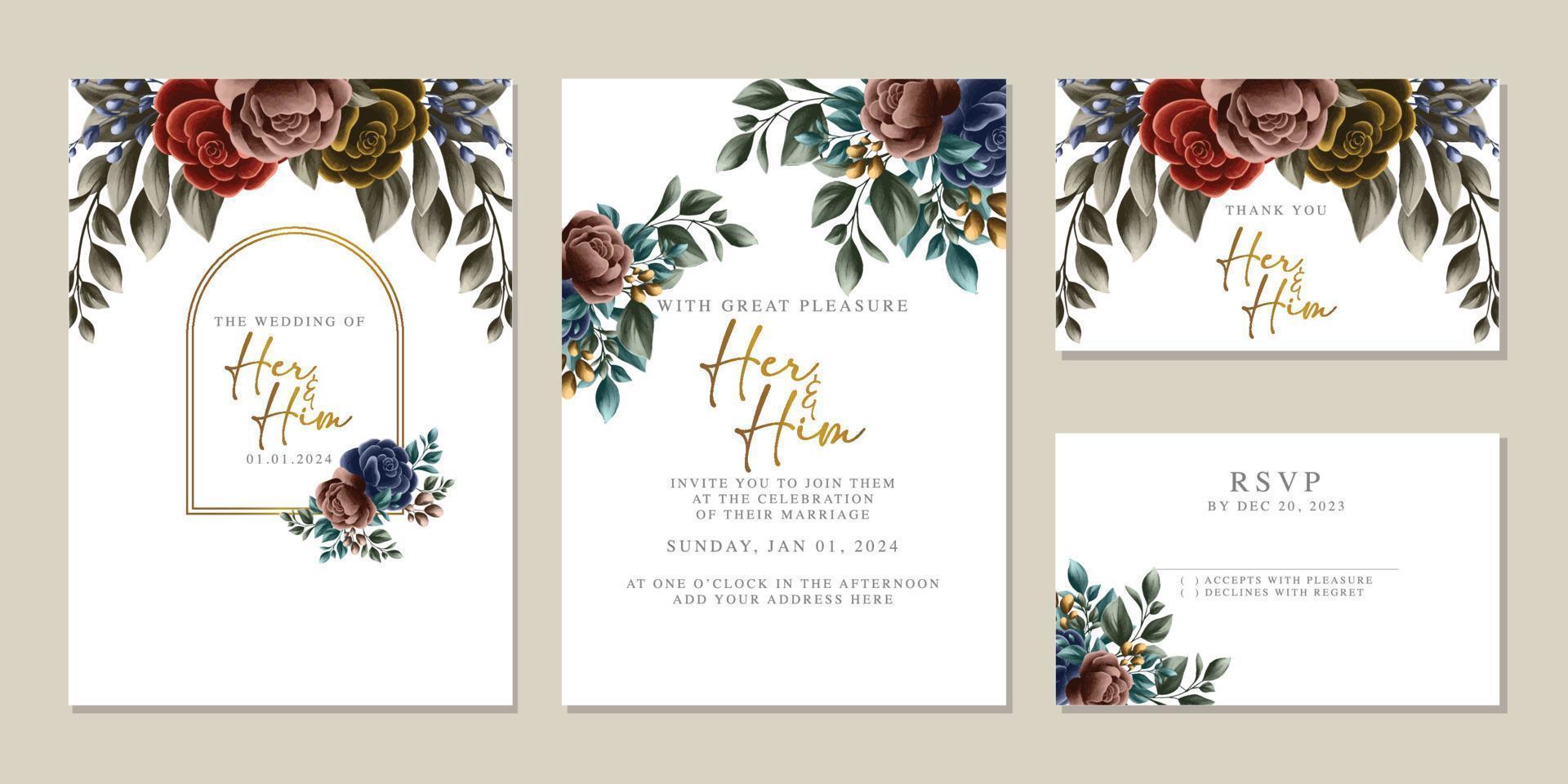 plantilla de fondo de tarjeta de invitación de boda de flores hermosas de lujo vector