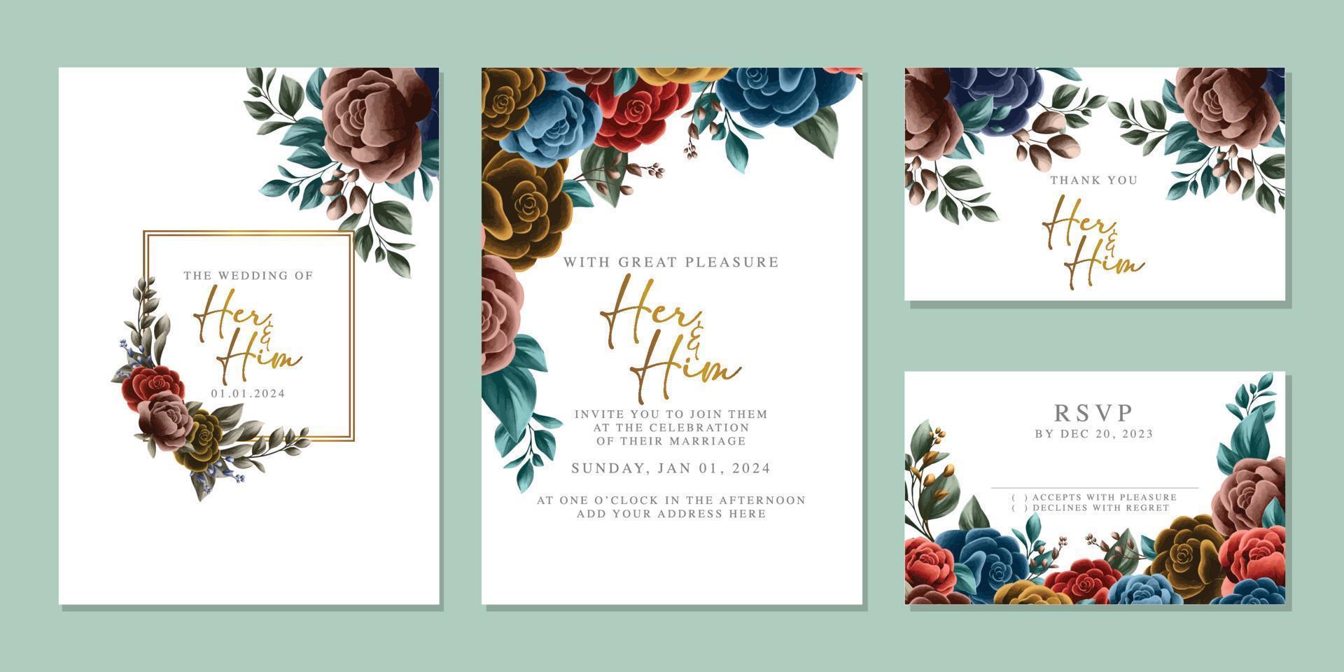 plantilla de fondo de tarjeta de invitación de boda de flores hermosas de lujo vector