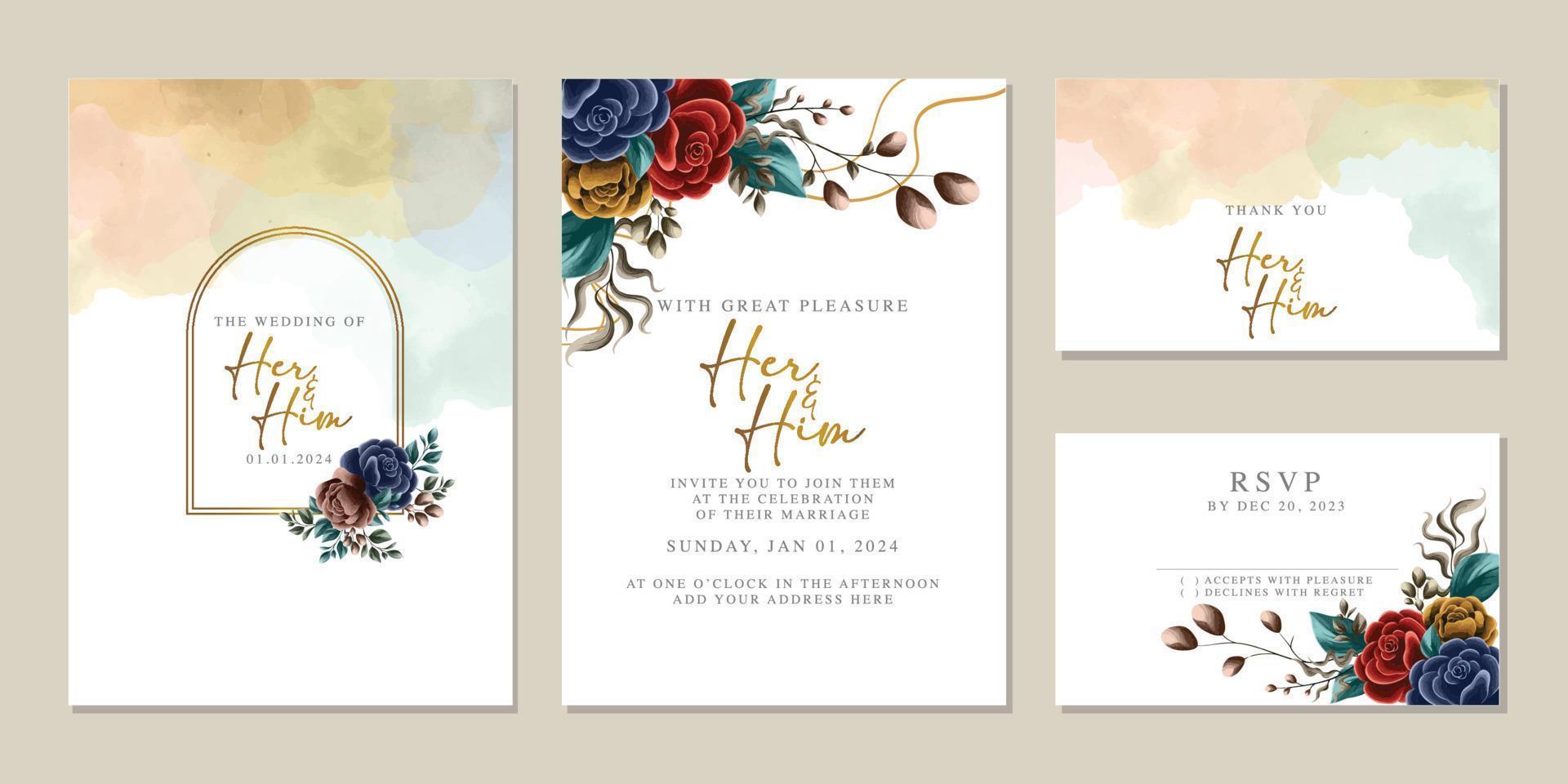 plantilla de fondo de tarjeta de invitación de boda de flores hermosas de lujo vector