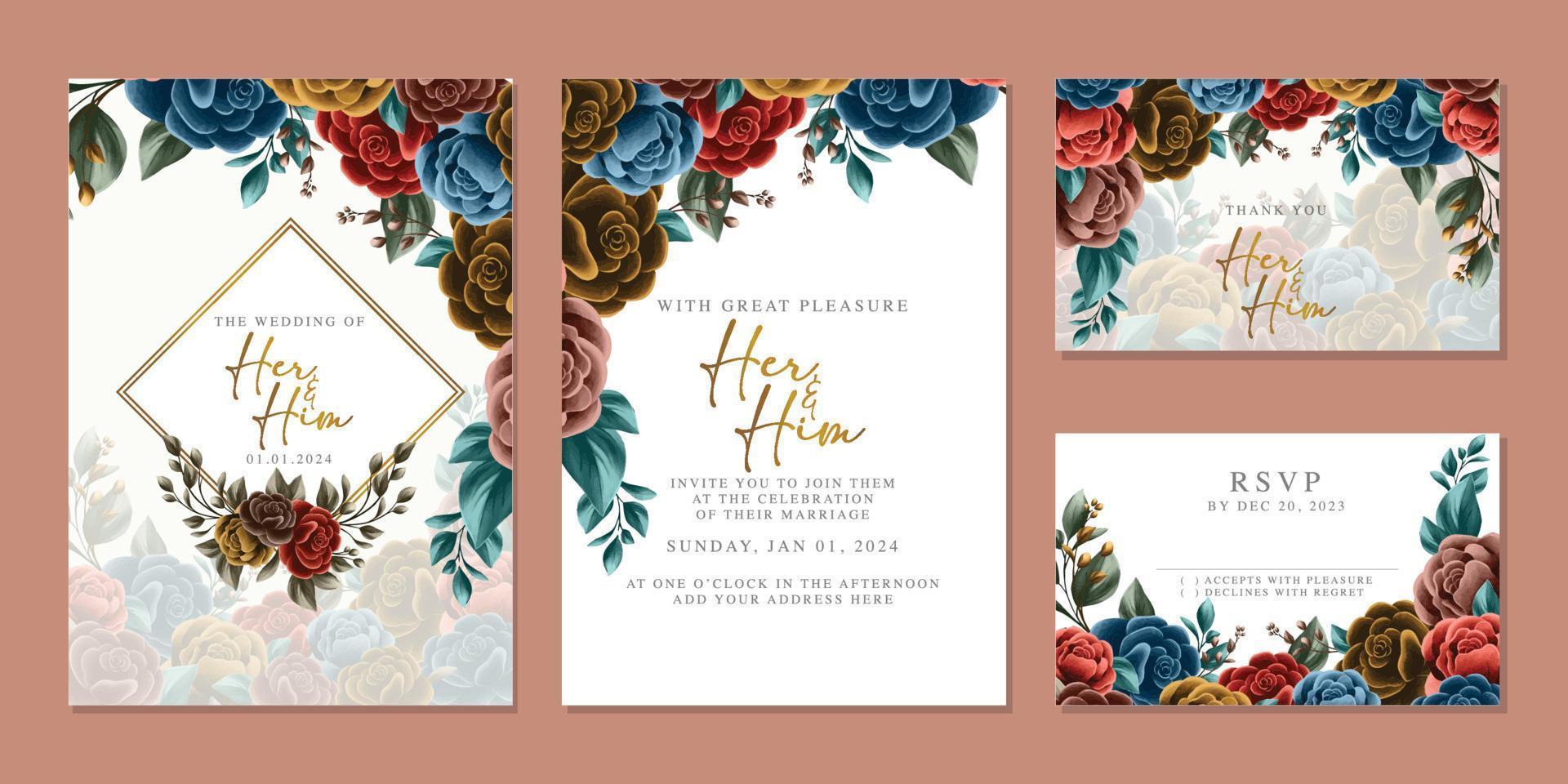 plantilla de fondo de tarjeta de invitación de boda de flores hermosas de lujo vector