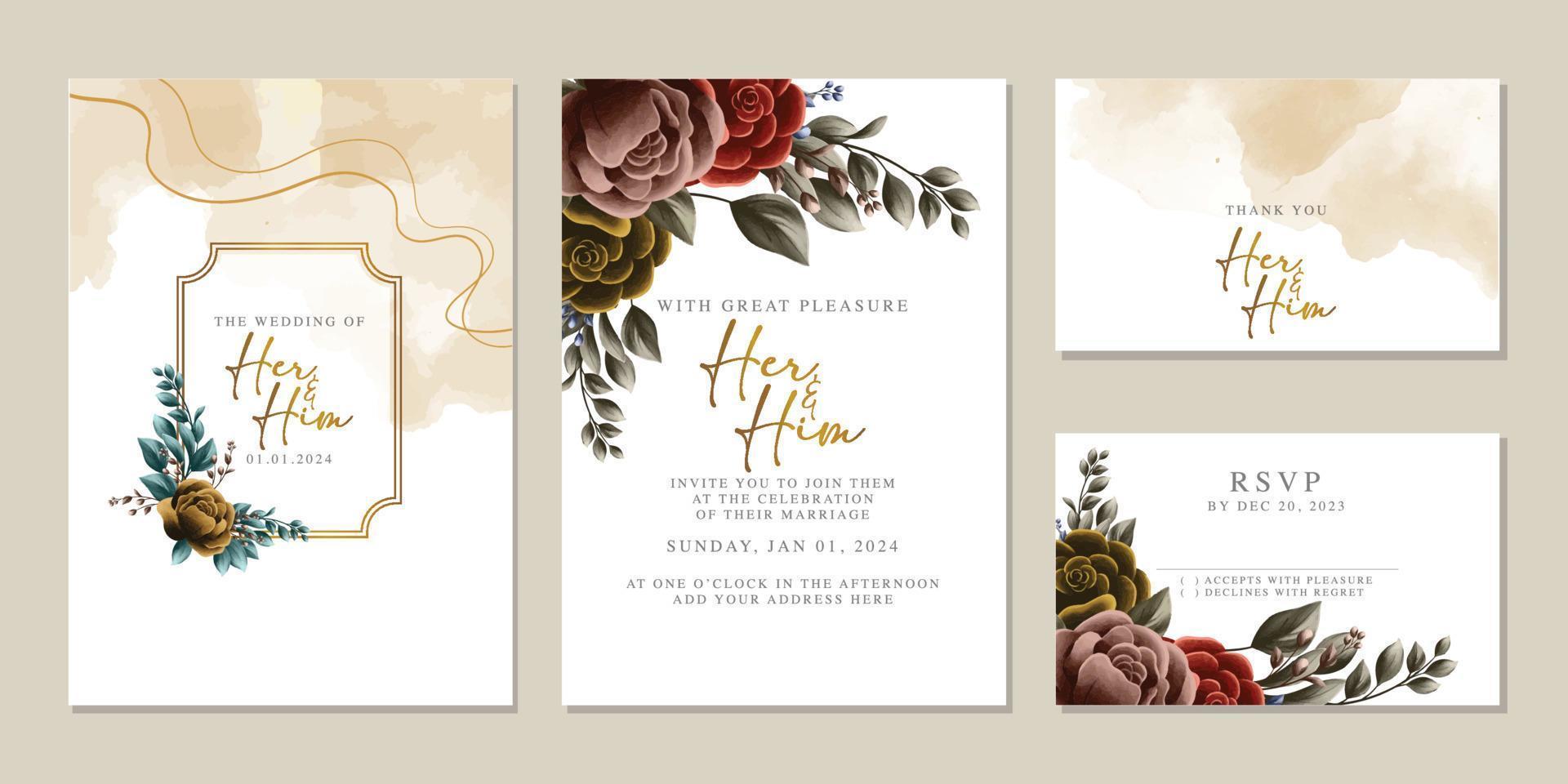 plantilla de fondo de tarjeta de invitación de boda de flores hermosas de lujo vector