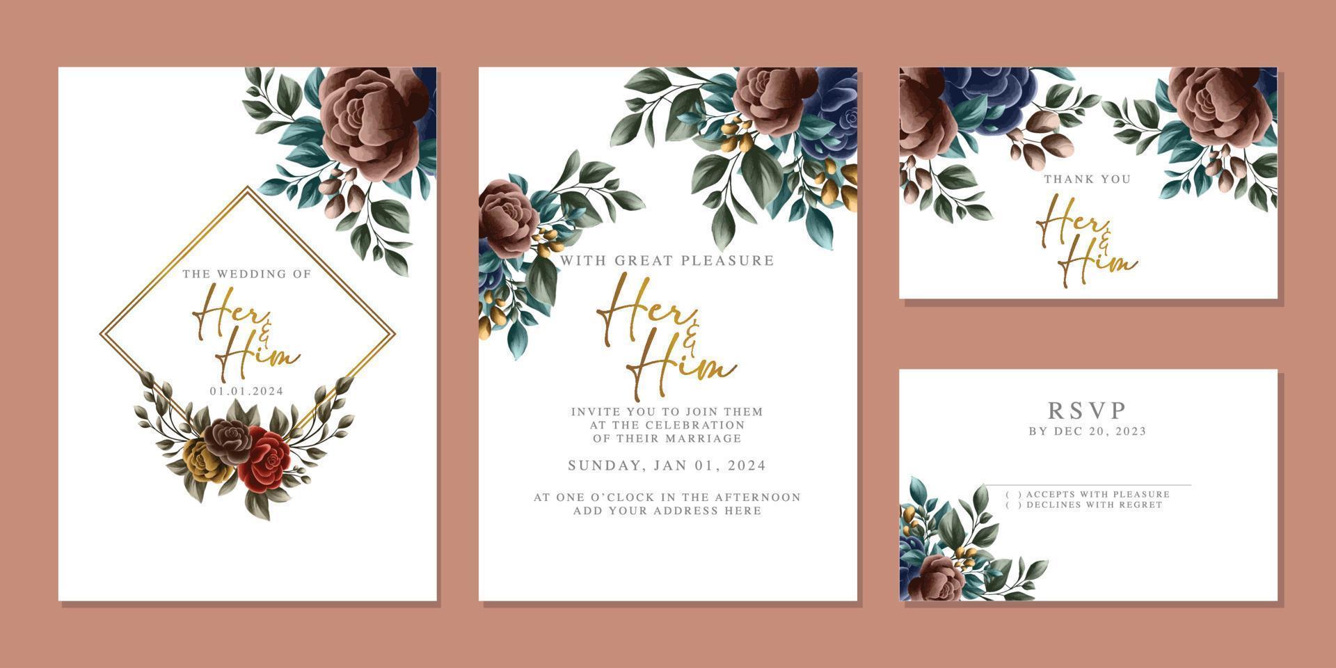 plantilla de fondo de tarjeta de invitación de boda de flores hermosas de lujo vector