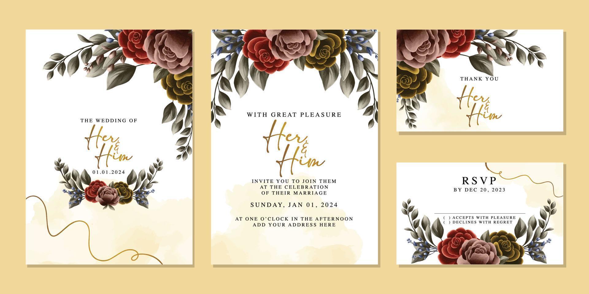 plantilla de fondo de tarjeta de invitación de boda de flores hermosas de lujo vector