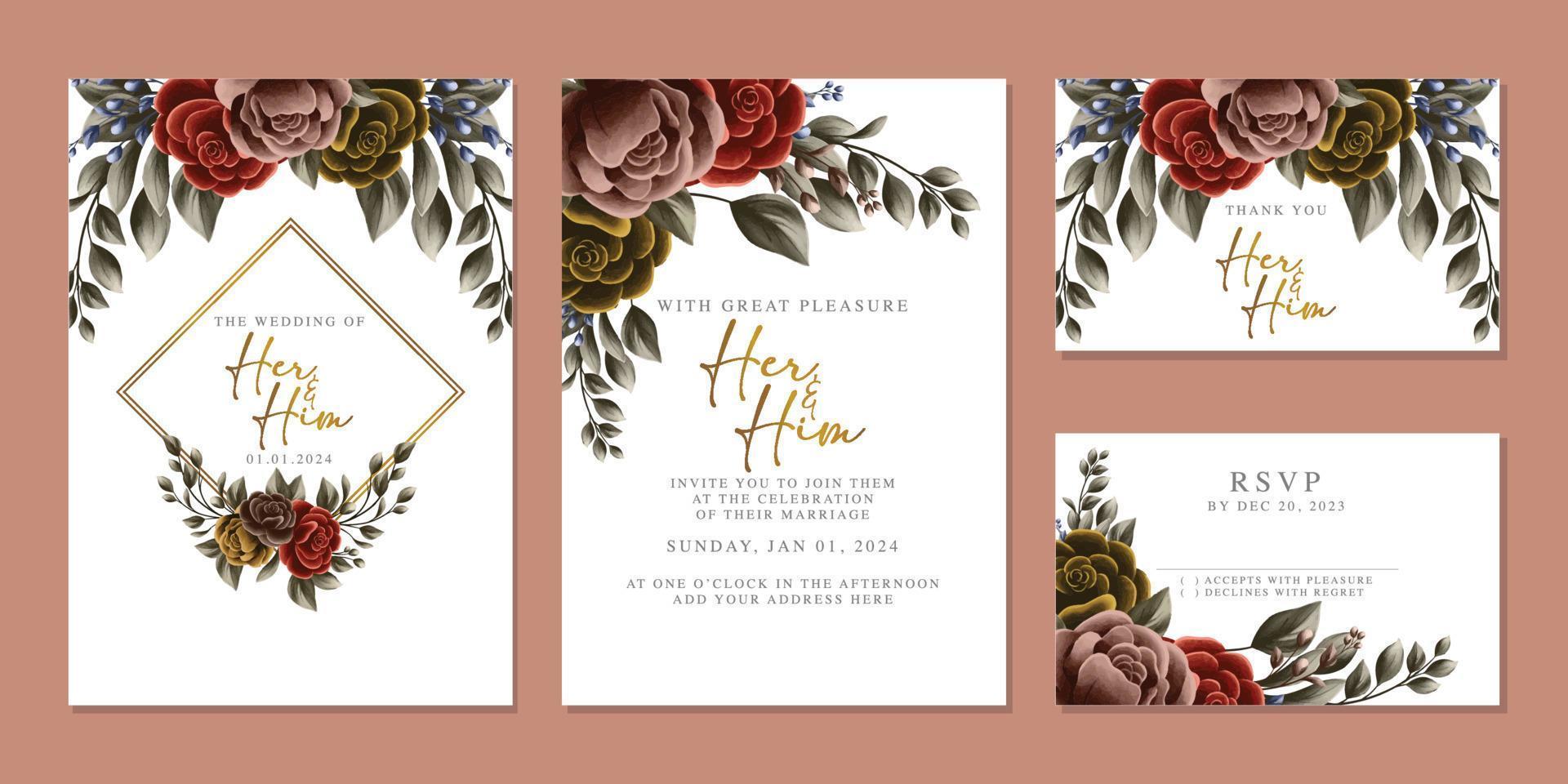 plantilla de fondo de tarjeta de invitación de boda de flores hermosas de lujo vector