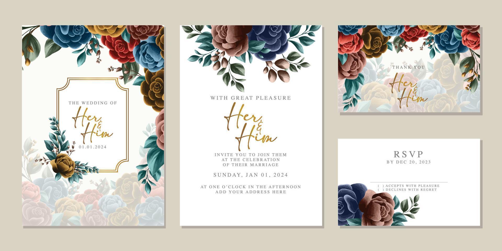 Luxury beautiful flowers wedding invitation card background template vector