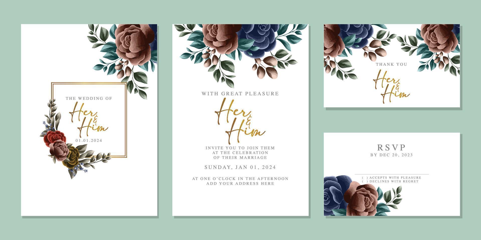 plantilla de fondo de tarjeta de invitación de boda de flores hermosas de lujo vector