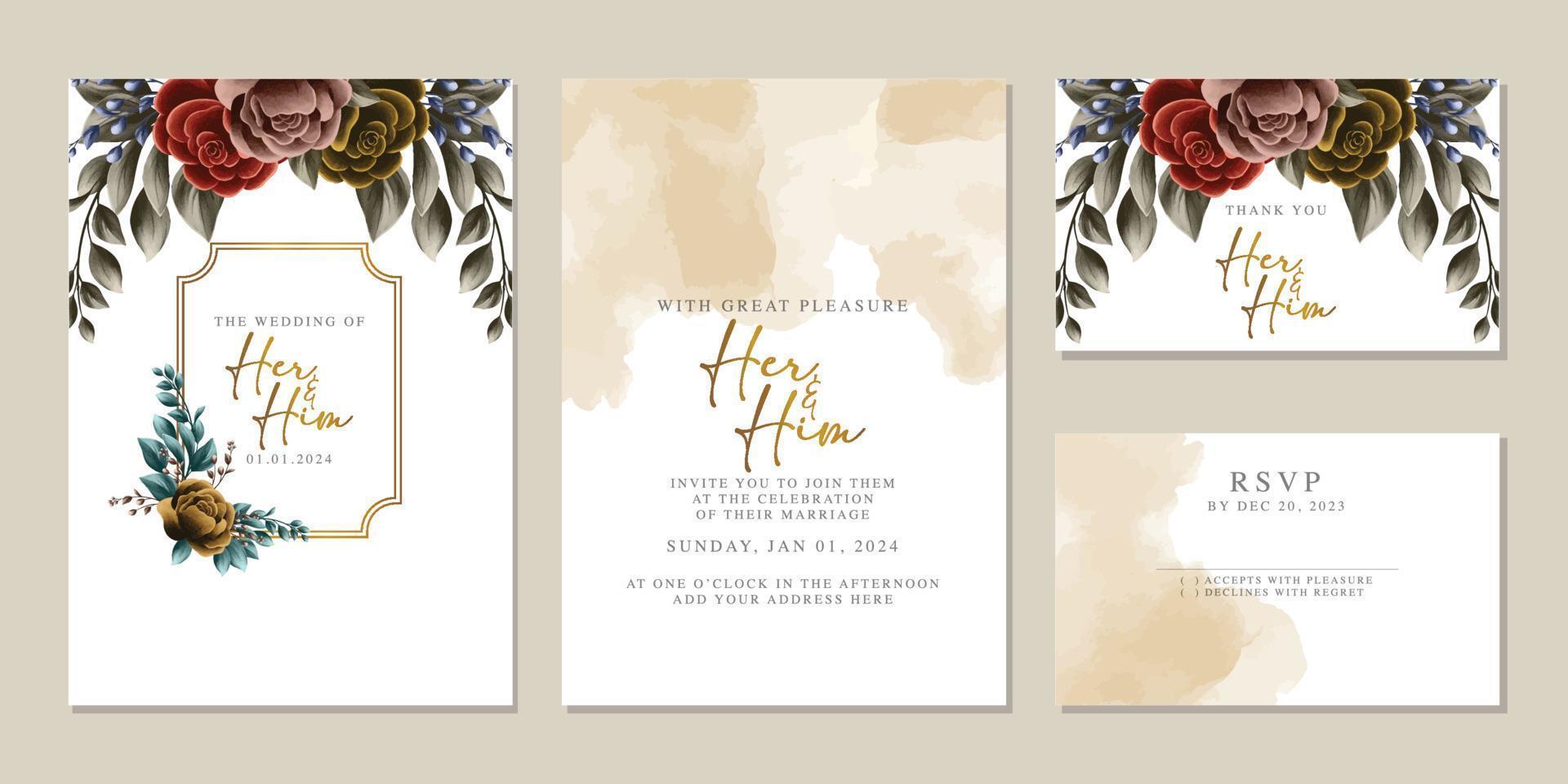 plantilla de fondo de tarjeta de invitación de boda de flores hermosas de lujo vector