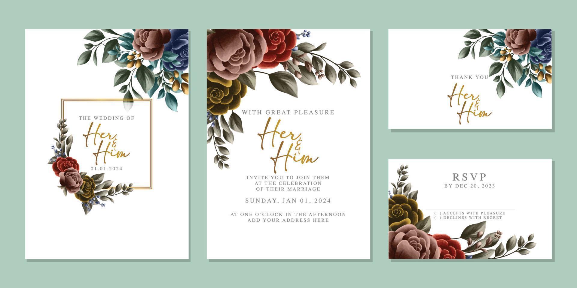 Luxury beautiful flowers wedding invitation card background template vector