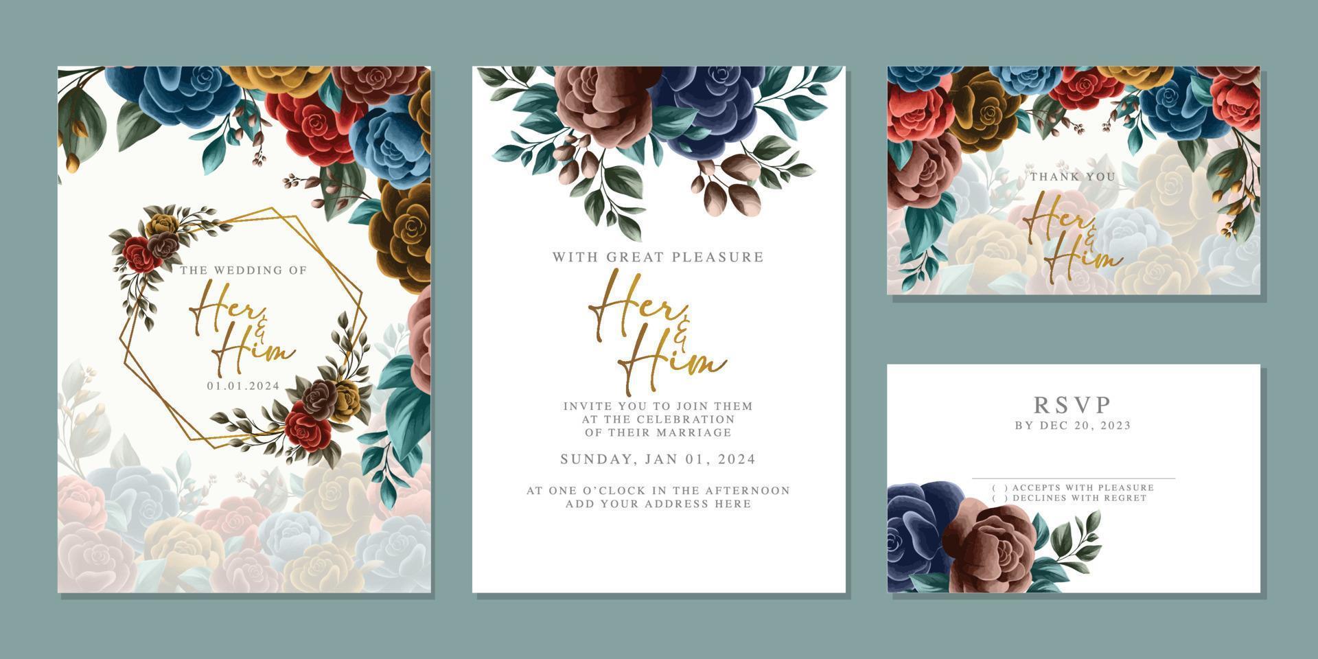 plantilla de fondo de tarjeta de invitación de boda de flores hermosas de lujo vector