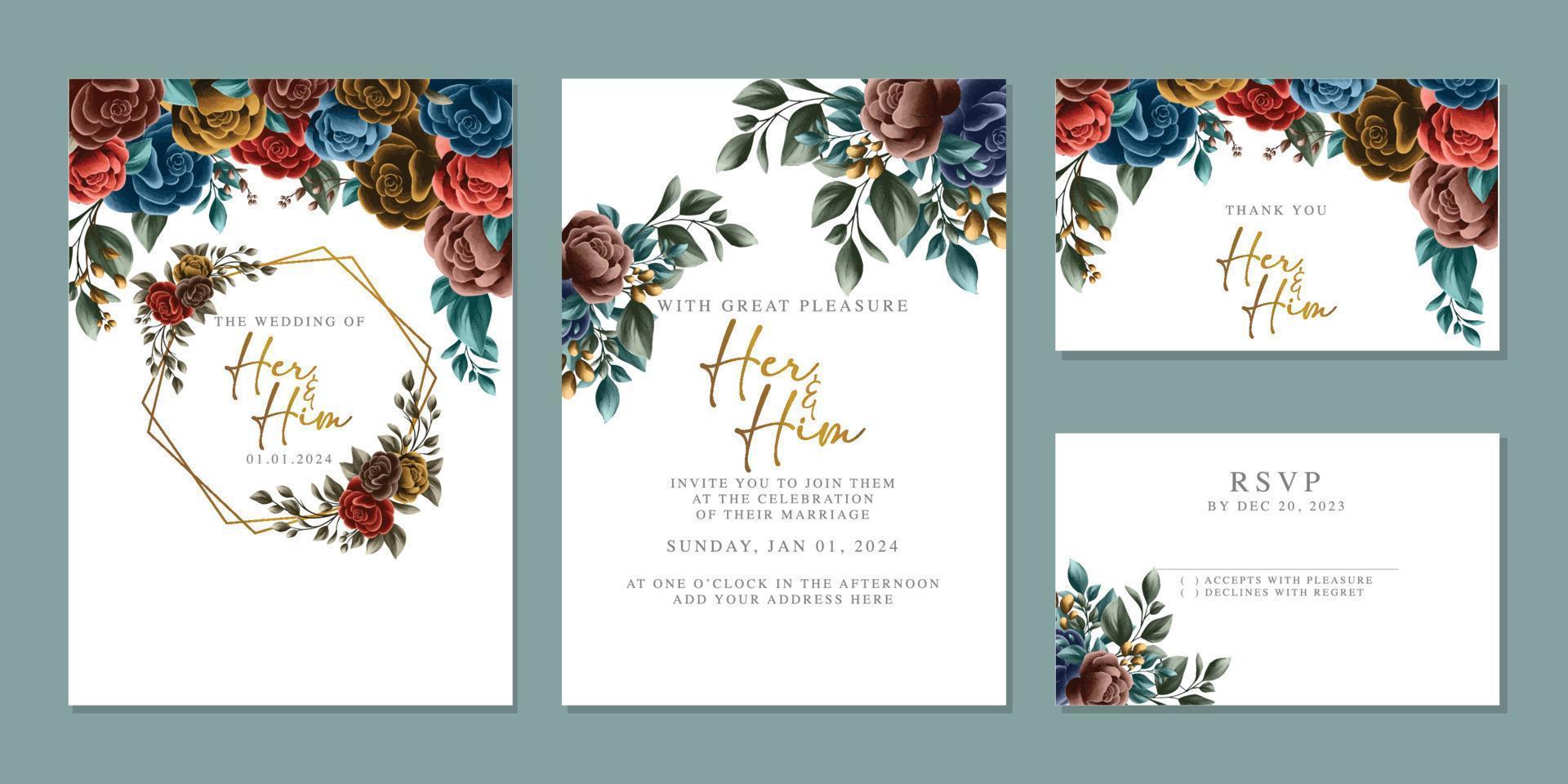 plantilla de fondo de tarjeta de invitación de boda de flores hermosas de lujo vector