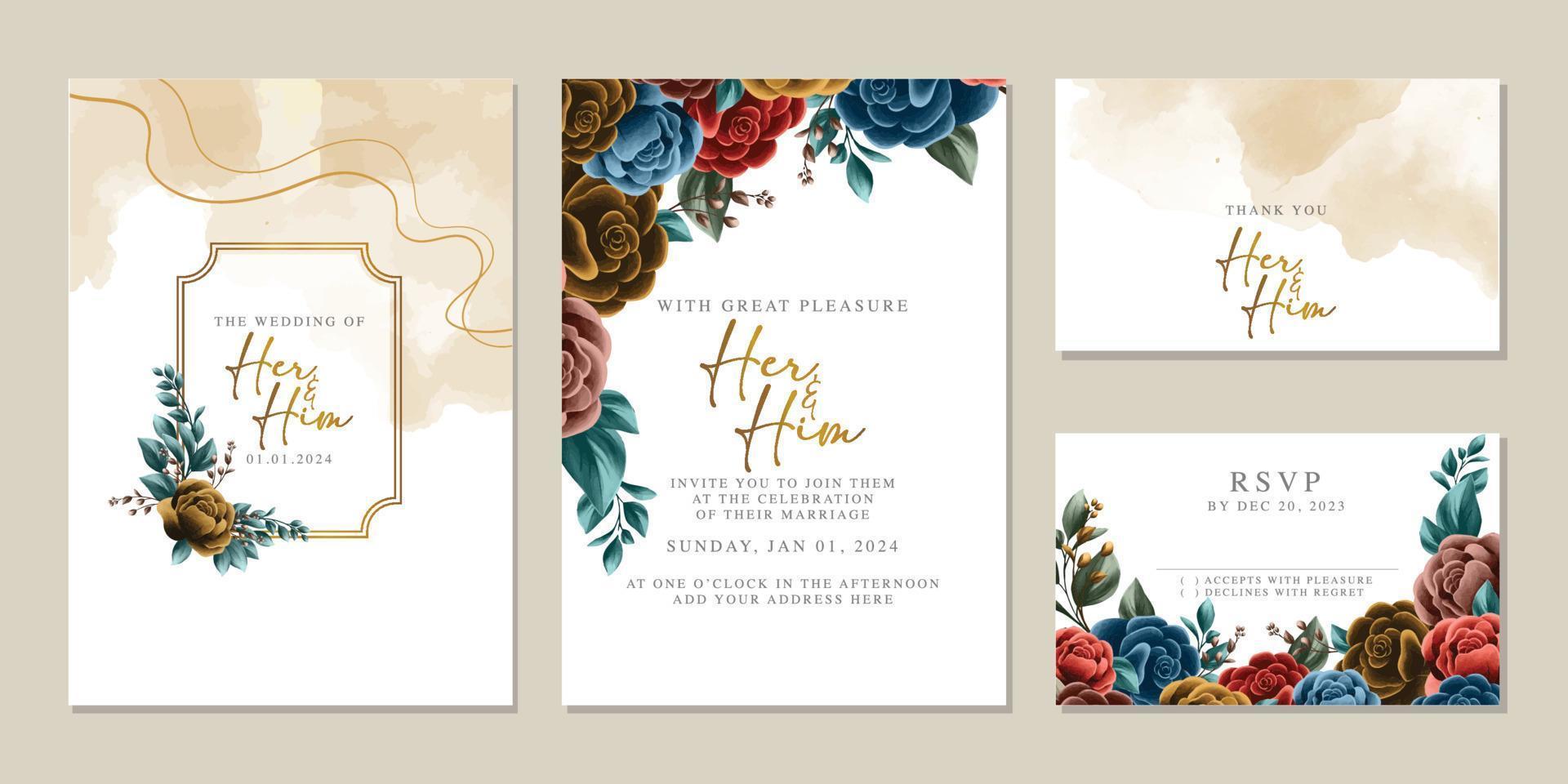 plantilla de fondo de tarjeta de invitación de boda de flores hermosas de lujo vector