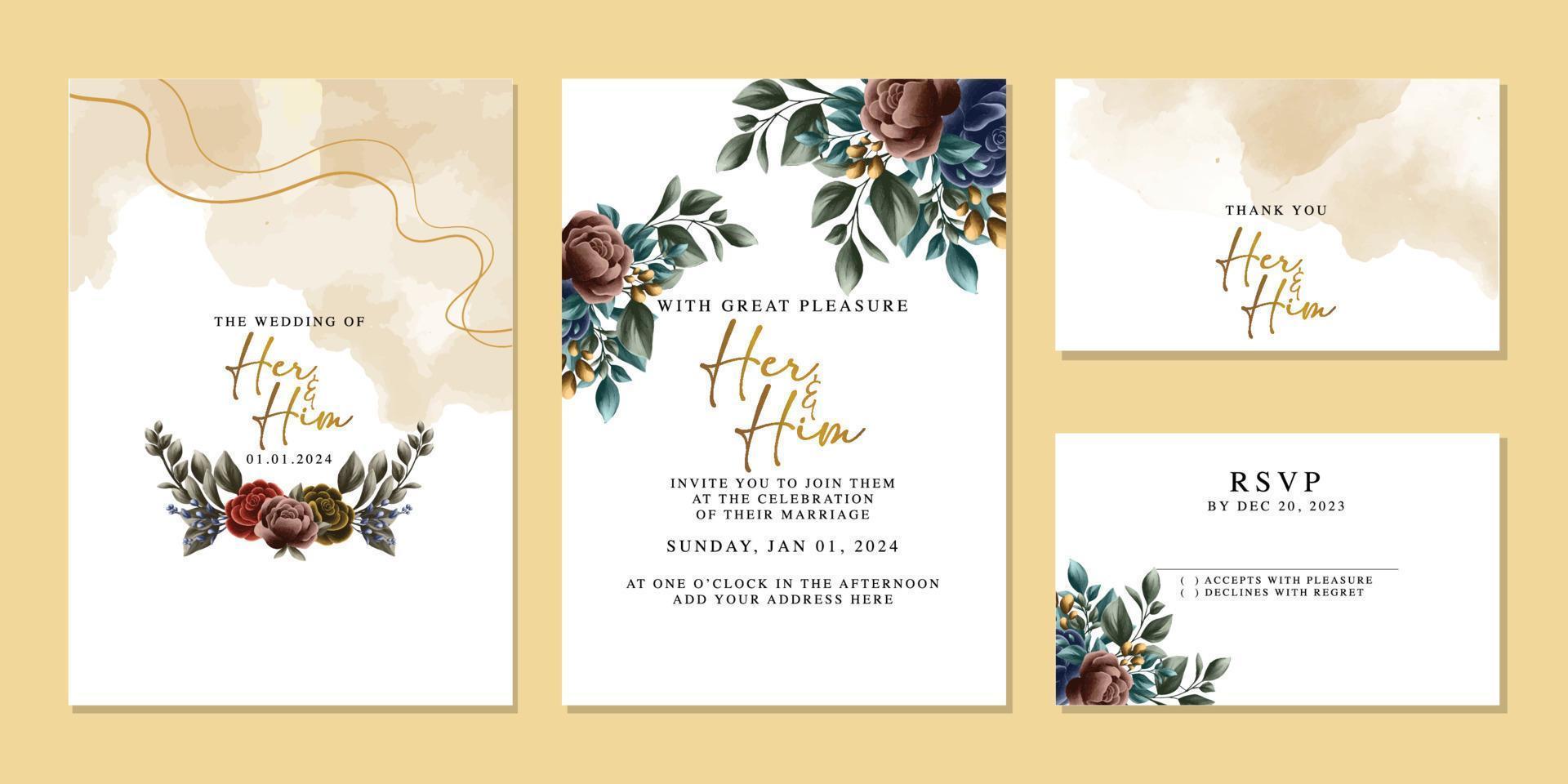 plantilla de fondo de tarjeta de invitación de boda de flores hermosas de lujo vector