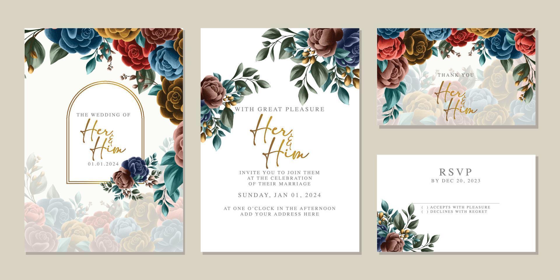 Luxury beautiful flowers wedding invitation card background template vector