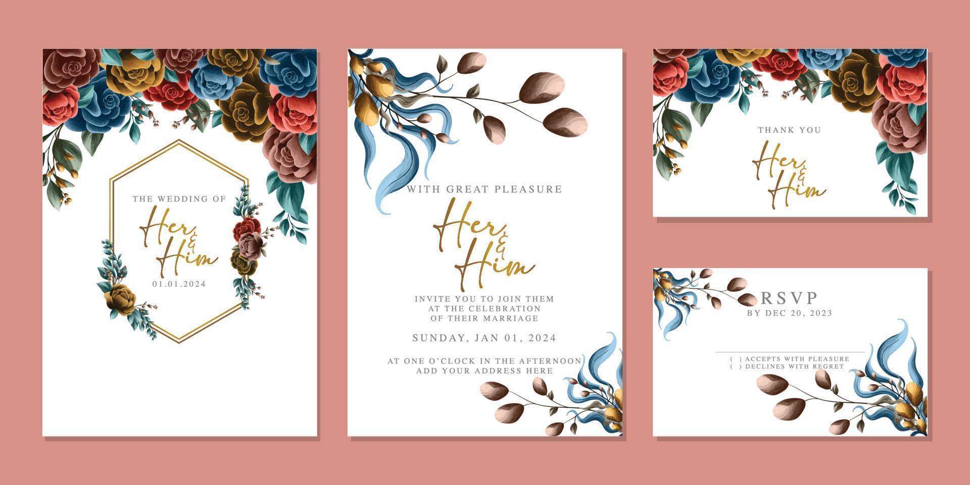 plantilla de fondo de tarjeta de invitación de boda de flores hermosas de lujo vector