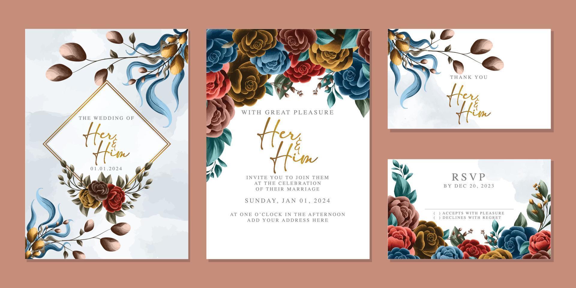 Luxury beautiful flowers wedding invitation card background template vector