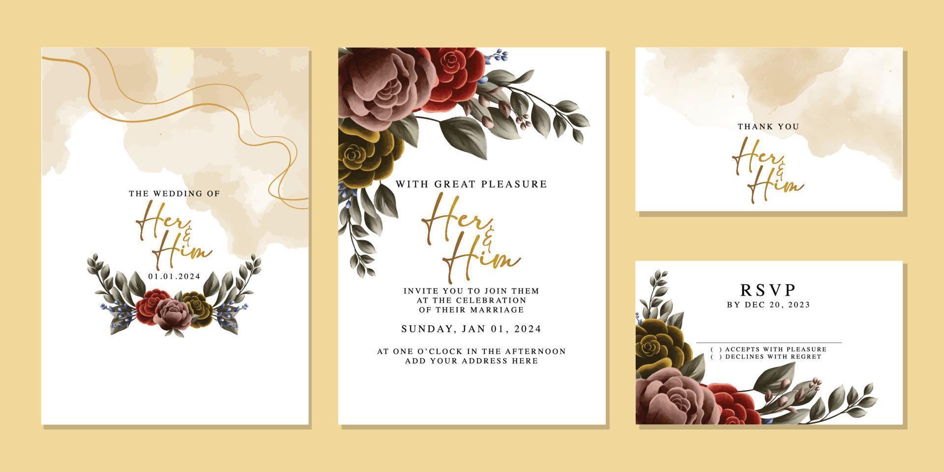 plantilla de fondo de tarjeta de invitación de boda de flores hermosas de lujo vector