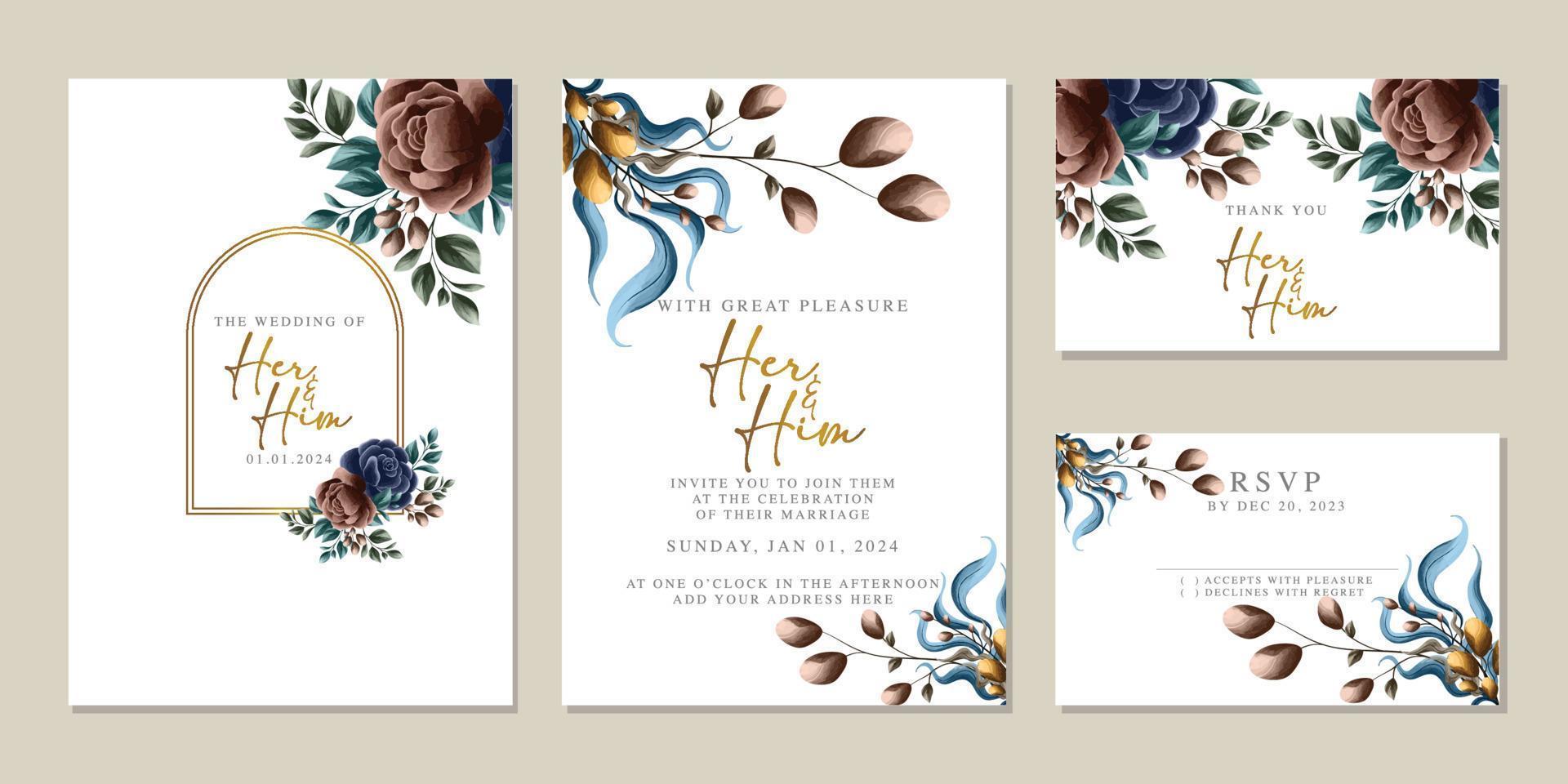 plantilla de fondo de tarjeta de invitación de boda de flores hermosas de lujo vector