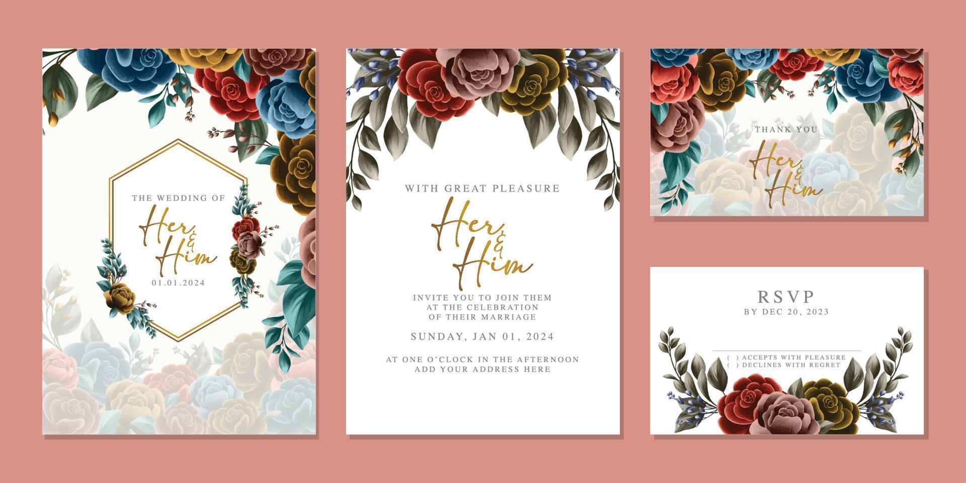 Luxury beautiful flowers wedding invitation card background template vector