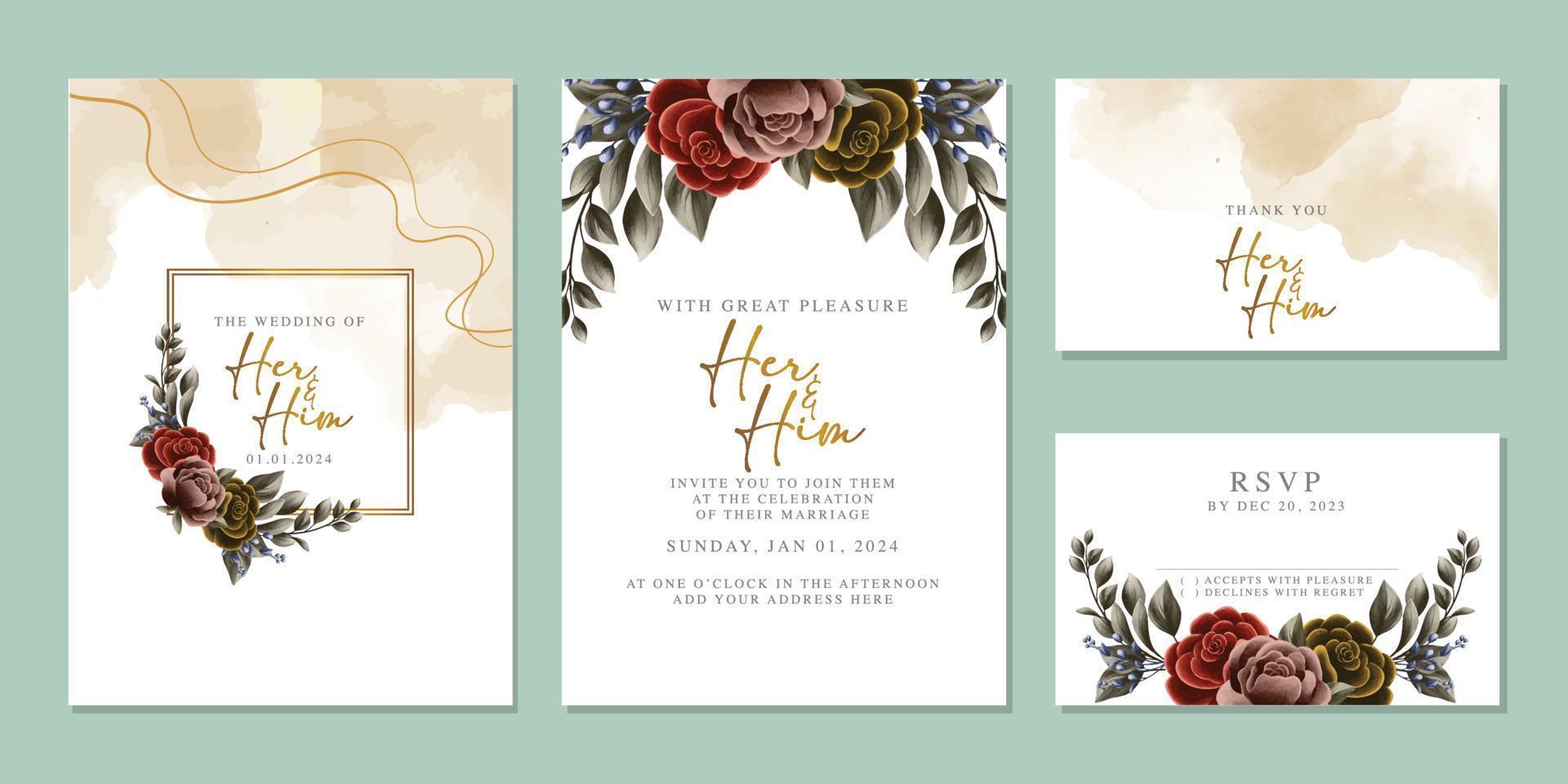 plantilla de fondo de tarjeta de invitación de boda de flores hermosas de lujo vector